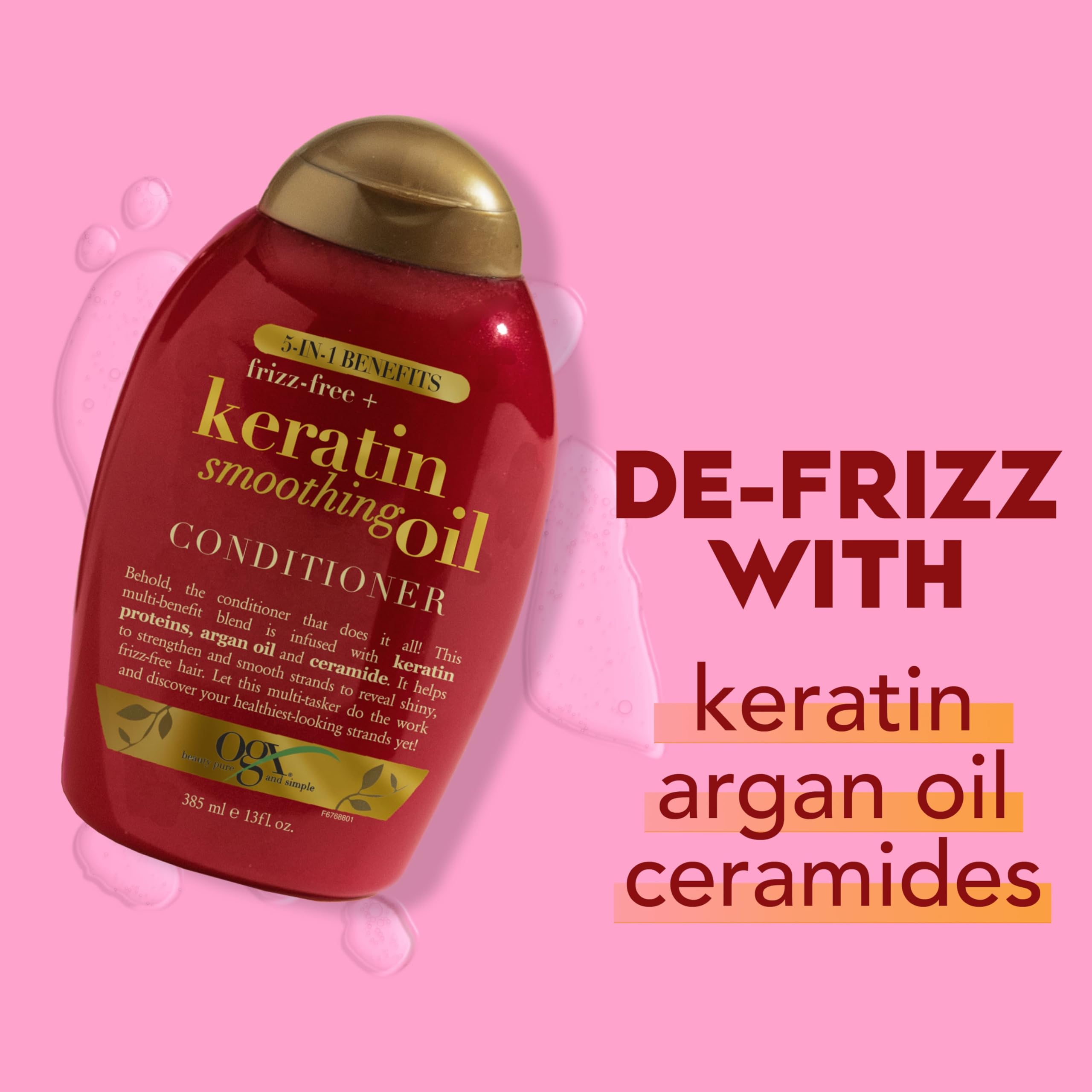 OGX Frizz-Free + Keratin Smoothing Oil Conditioner, 5 in 1, for Frizzy Hair, Shiny Hair, 13 Fl Oz
