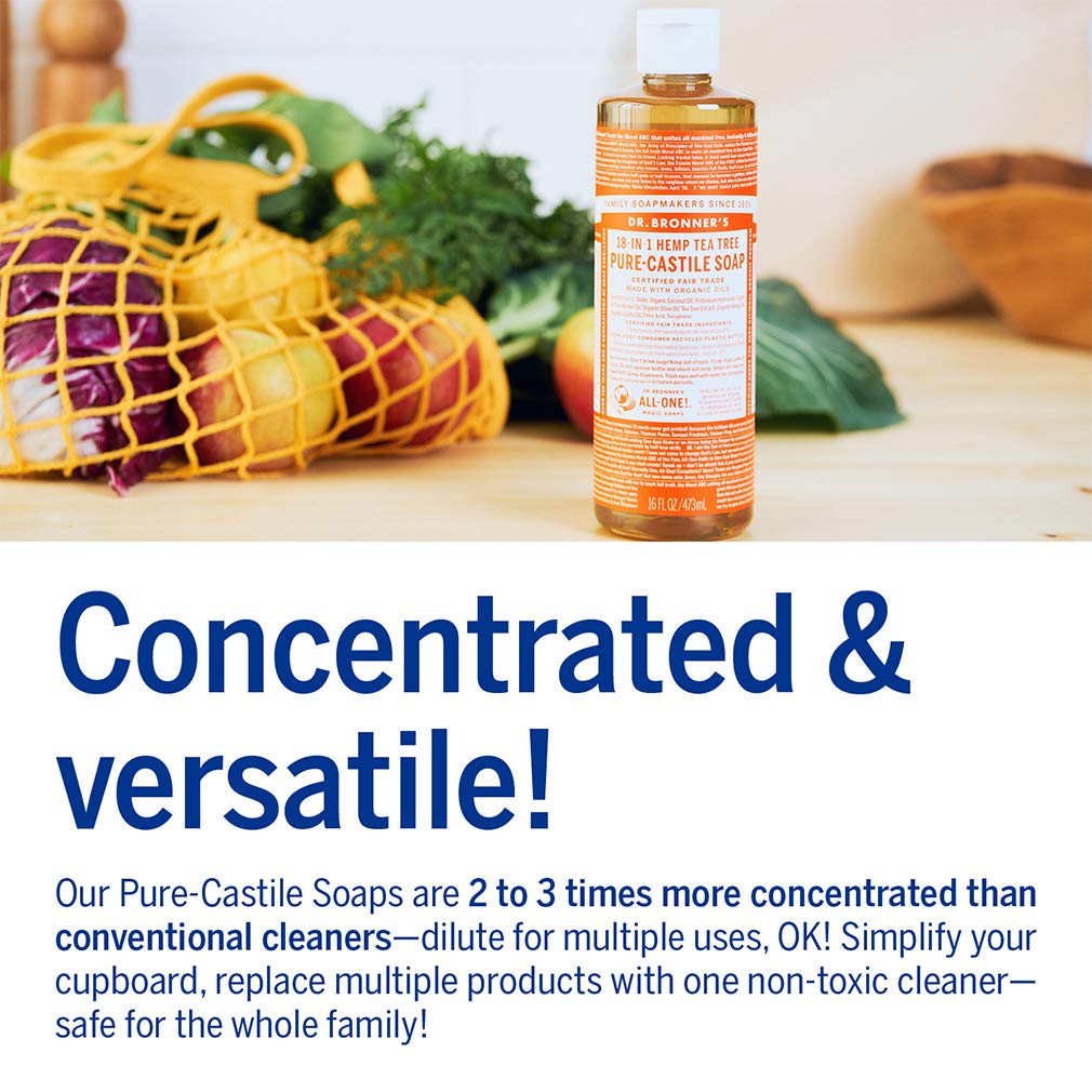 Dr. Bronner's - Pure-Castile Liquid Soap (Tea Tree, 16 ounce) - Made with Organic Oils, 18-in-1 Uses: Acne-Prone Skin, Dandruff, Laundry, Pets and Dishes, Concentrated, Vegan, Non-GMO