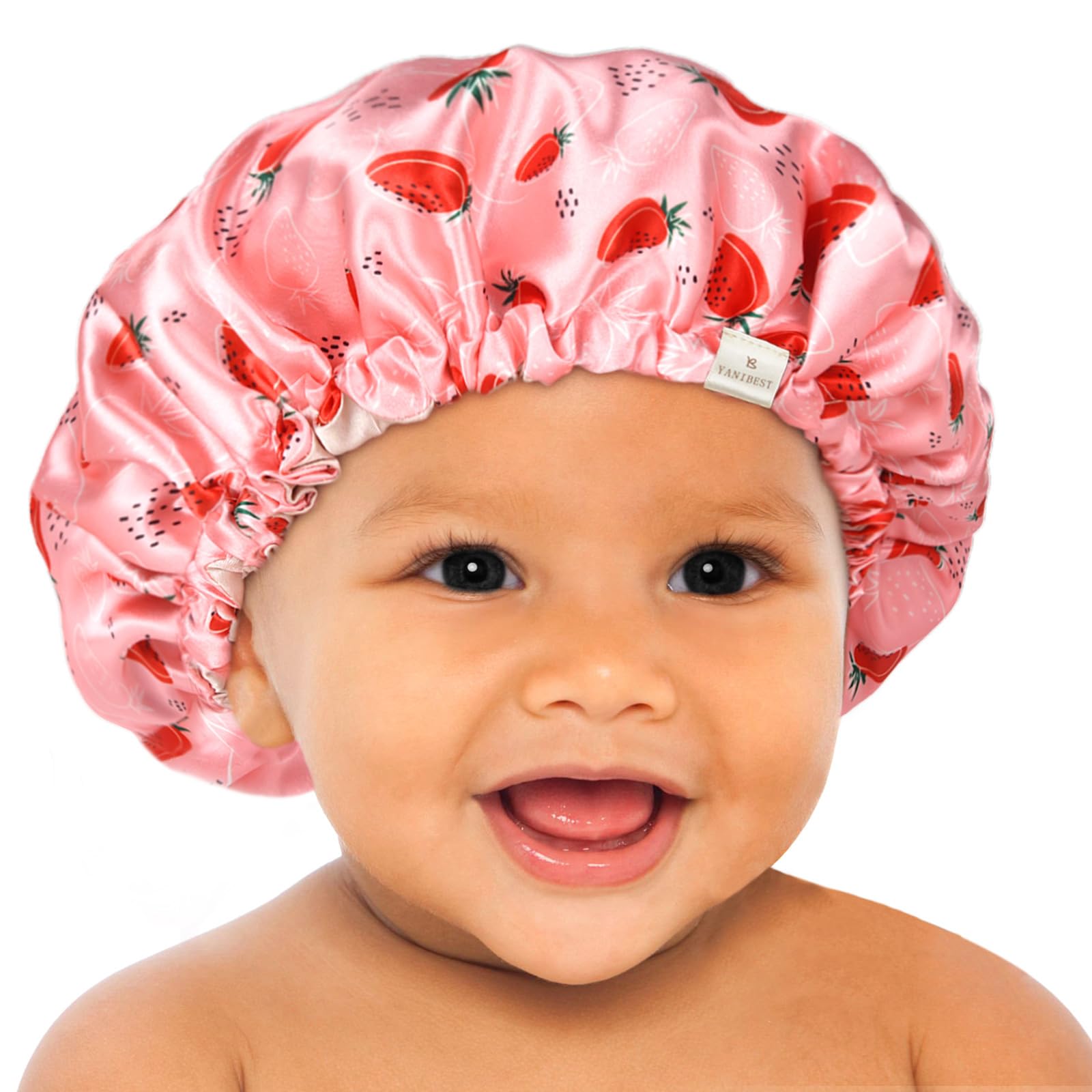 YANIBEST Baby Satin Bonnet Sleep Cap - Double Layer Reversible Adjustable Silky Satin Cap for Infant Toddler(0-6Months,Strawberry)