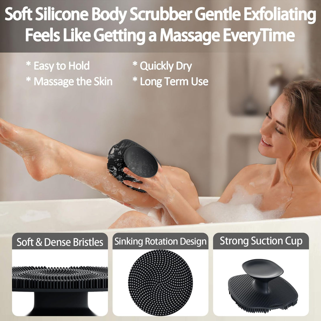 ARIOSOX, Soft Silicone Body Scrubber, Gentle Like a Hand Exfoliating Your Skin and Build Up Lather Easily, Back Large Suction Cup Easy to Store, Long-Lasting & Deep Clean (Black)