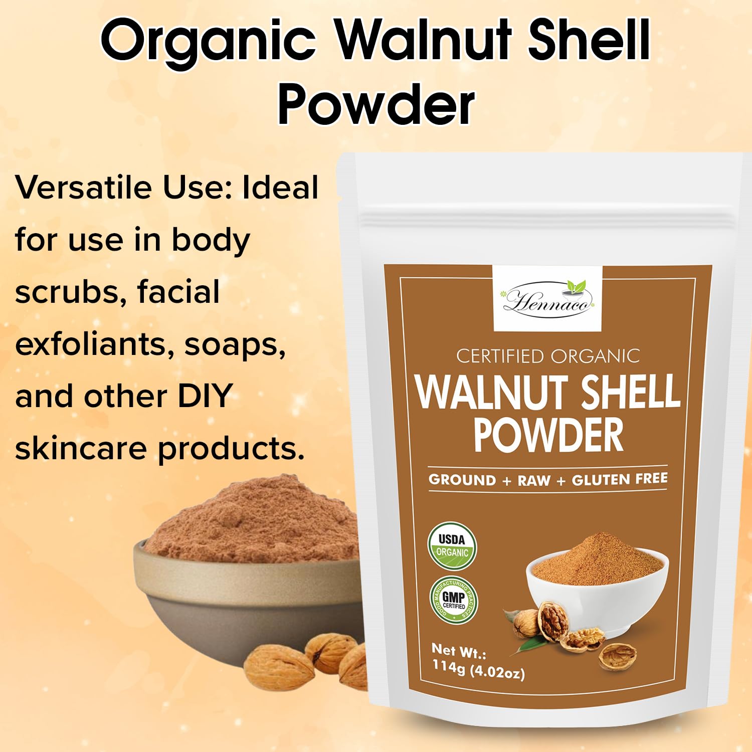 hennaco Organic Walnut Shell Powder| Natural Exfoliant | Resealable Zip Lock Pouch | USDA Organic| Pure & Natural Powder for Skin | Suitable for Face, body, & Foot Scrub | 114 Grams (4 OZ)