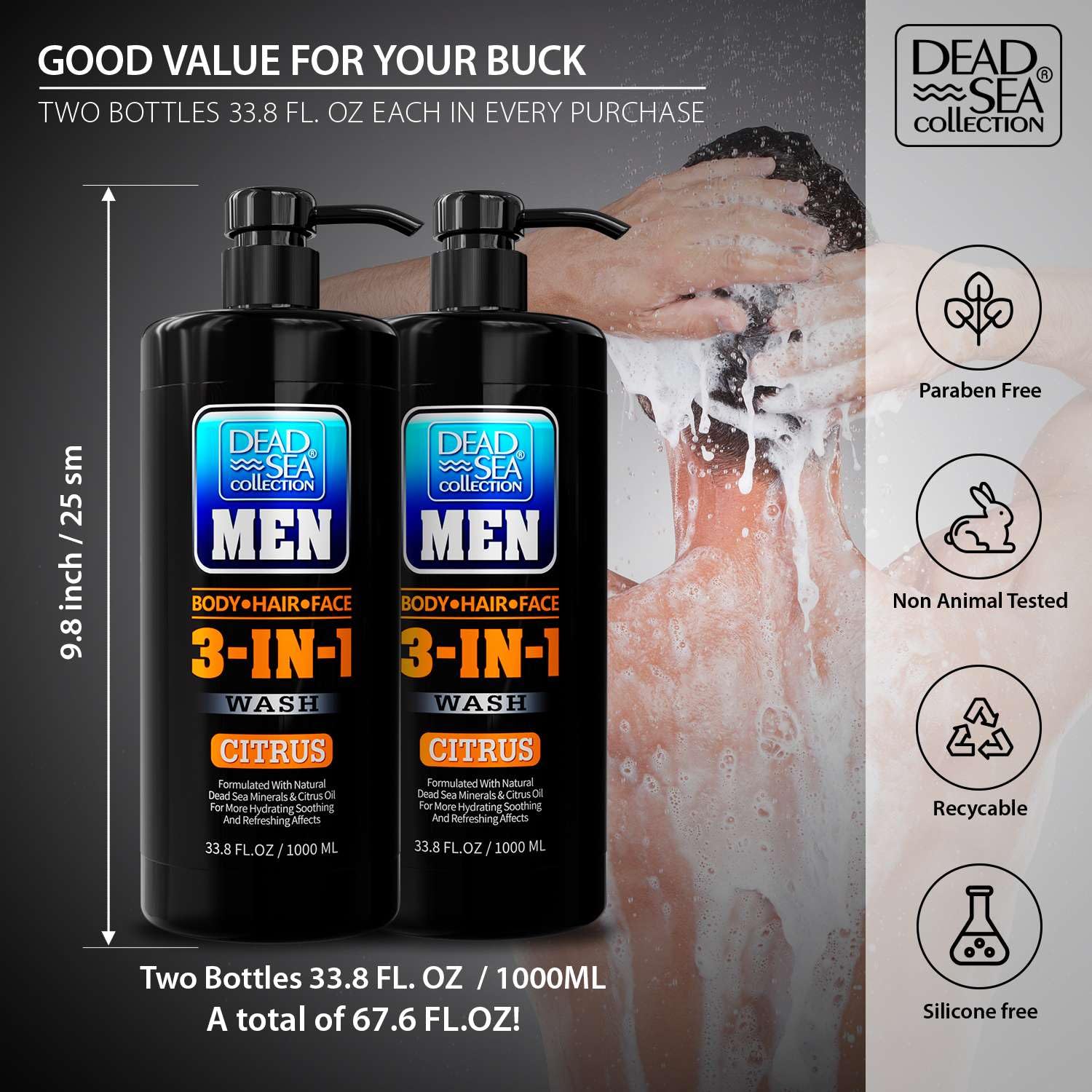 Dead Sea Collection Mens Body Wash 3 in 1 – Citrus Body Wash for Men – Shower Gel – Shampoo – Shower Soap for Face and Hair – Pack of 2 Bottles (33.8 Fl. Oz. Each)