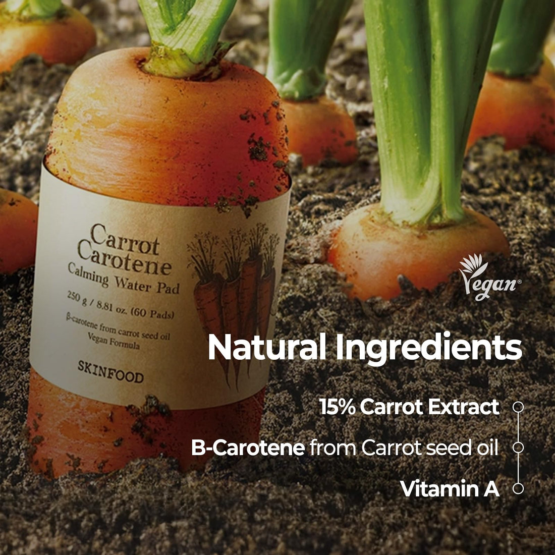 SKINFOOD Carrot Carotene Calming Water Pad 250g (8.81 oz.) 60 Sheets- Redness Relief Soothing Facial Toner Pads for Sensitive Skin, Cruelty Free