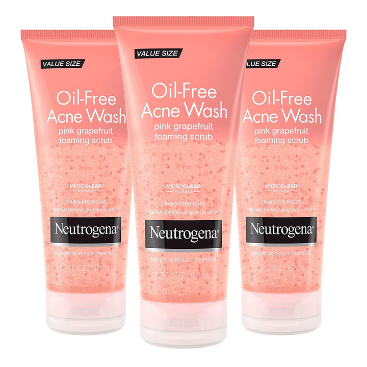Neutrogena Oil Free Pink Grapefruit Acne Face Wash with Vitamin C, 2% Salicylic Acid Acne Treatment, Gentle Foaming Facial Scrub to Treat & Prevent Breakouts, 6.7 fl. Oz, 3 Pack