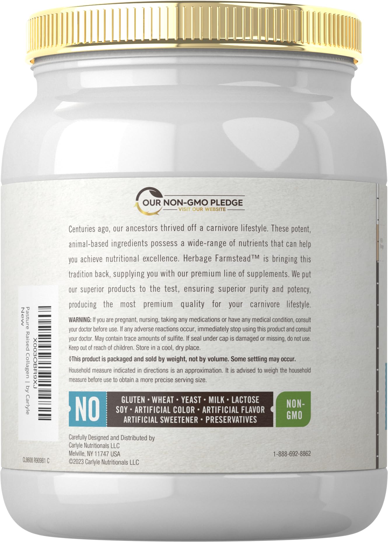 Carlyle Grass Fed Collagen Peptides Powder 20oz | Unflavored | Pasture Raised | Types I & III | 20g of Collagen Per Daily Dose | Non-GMO, Gluten Free | by Herbage Farmstead