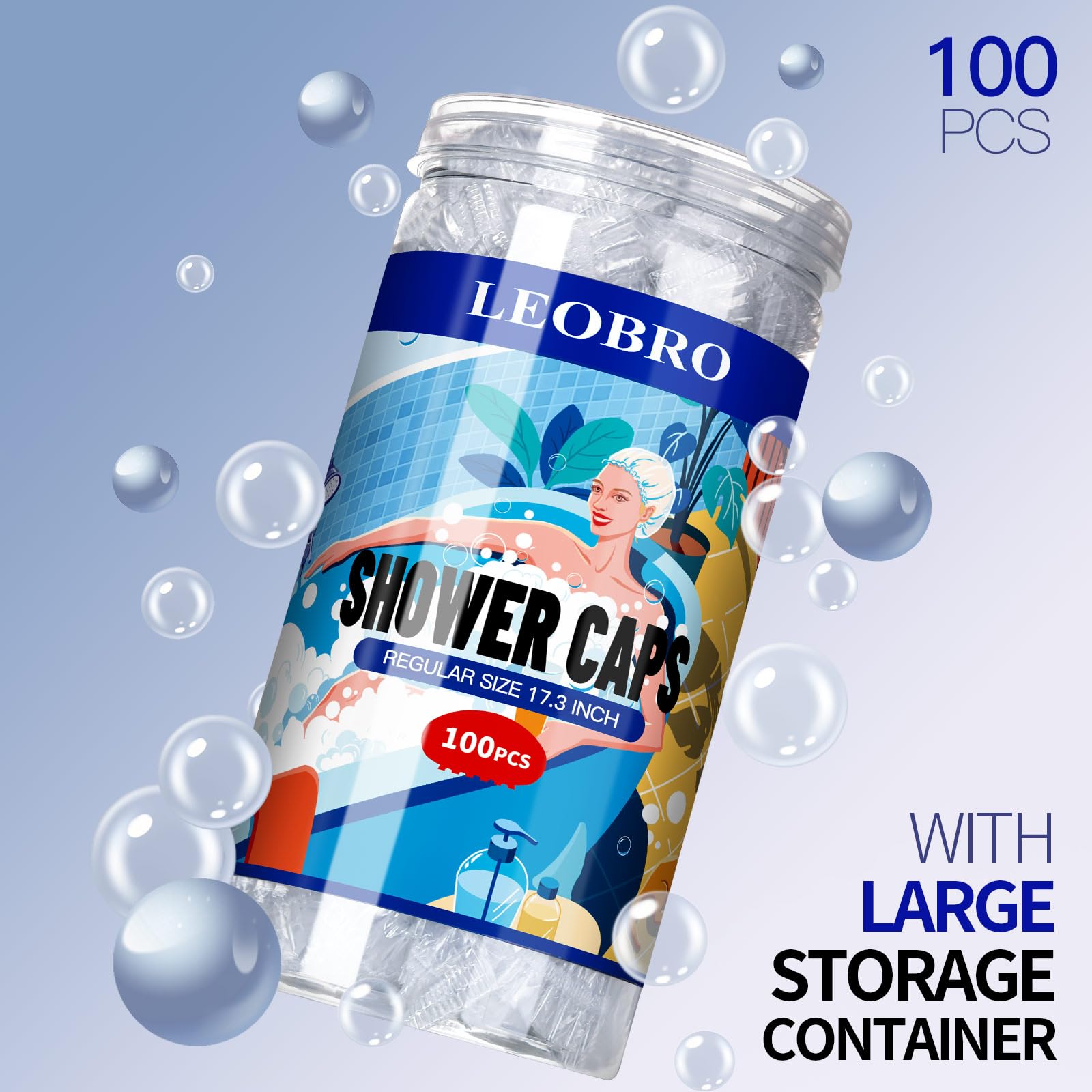 LEOBRO 100PCS Disposable Shower Caps, Shower Caps for Women Disposable, Clear Plastic Shower Cap, Plastic Hair Caps for Hair Treatment, Regular Size 17.3 INCH