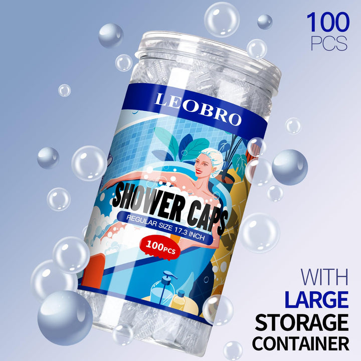 LEOBRO 100PCS Disposable Shower Caps, Shower Caps for Women Disposable, Clear Plastic Shower Cap, Plastic Hair Caps for Hair Treatment, Regular Size 17.3 INCH