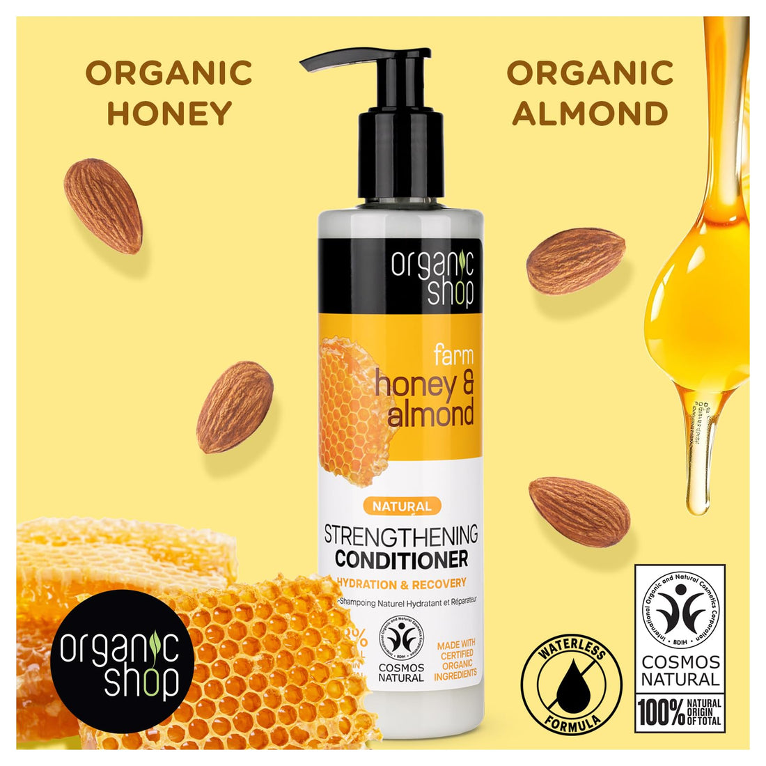 Organic Shop Honey & Almond Strengthening Conditioner, Hydrate Moisturizing Restorer, Softens and Deeply Hydrates Dry Damaged Hair, Paraben-Free, Sulfate-Free Surfactants. 100% Vegan - Organic
