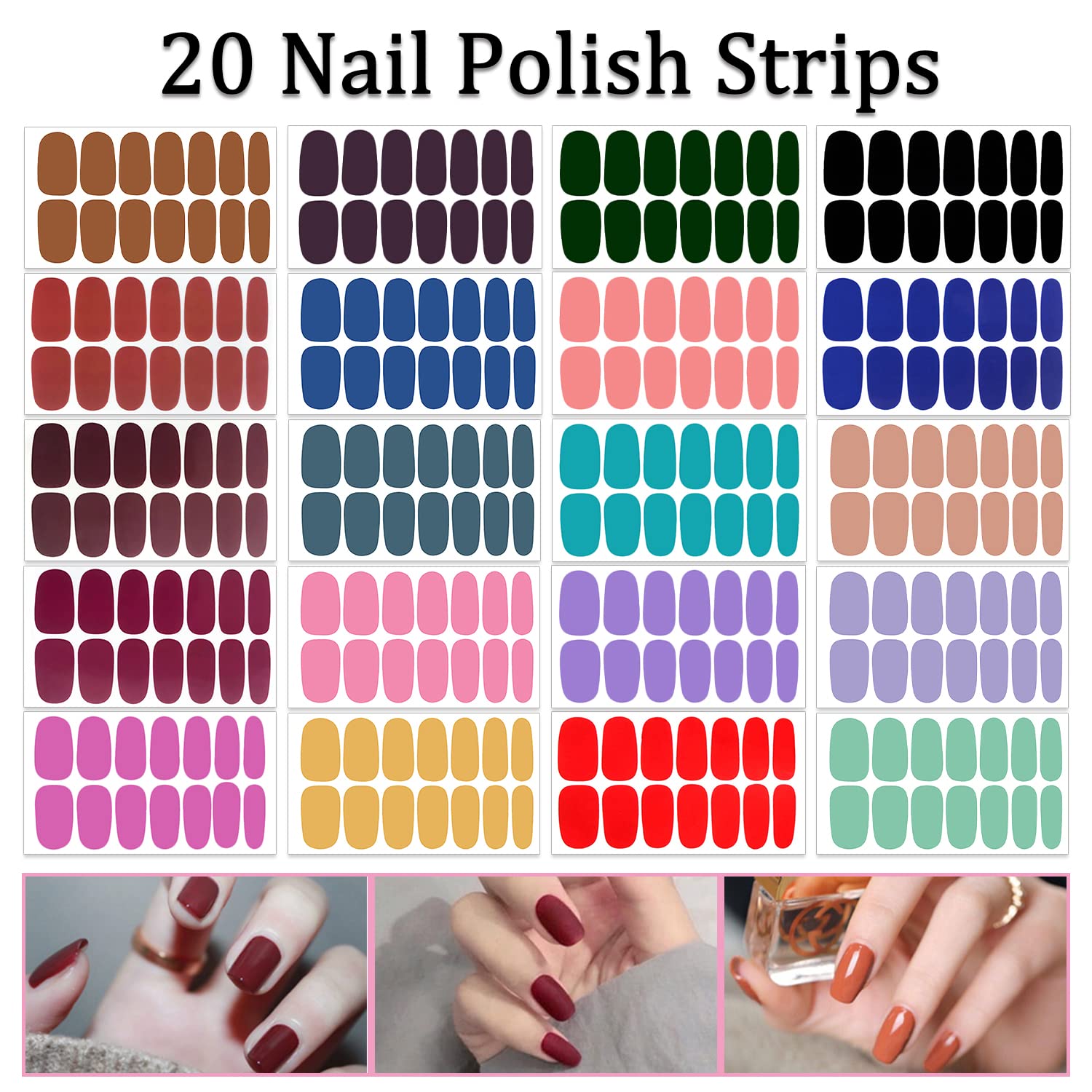 SILPECWEE 280 Pieces 20 Sheets Solid Color Nail Polish Strips Nail Stickers Full Nail Wraps for Women Self Adhesive Nail Art Stickers with 1pc Nail File