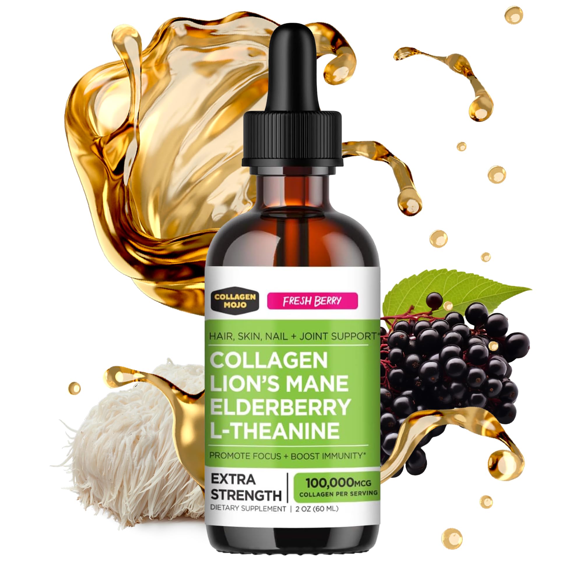 Collagen Mojo - Liquid Collagen for Women & Men, Collagen Peptides with Lion's Mane Mushroom, Elderberry & L-Theanine - Hair, Skin, Nails, Joint Support, Focus, High Absorption - 100,000mcg, 2 Oz