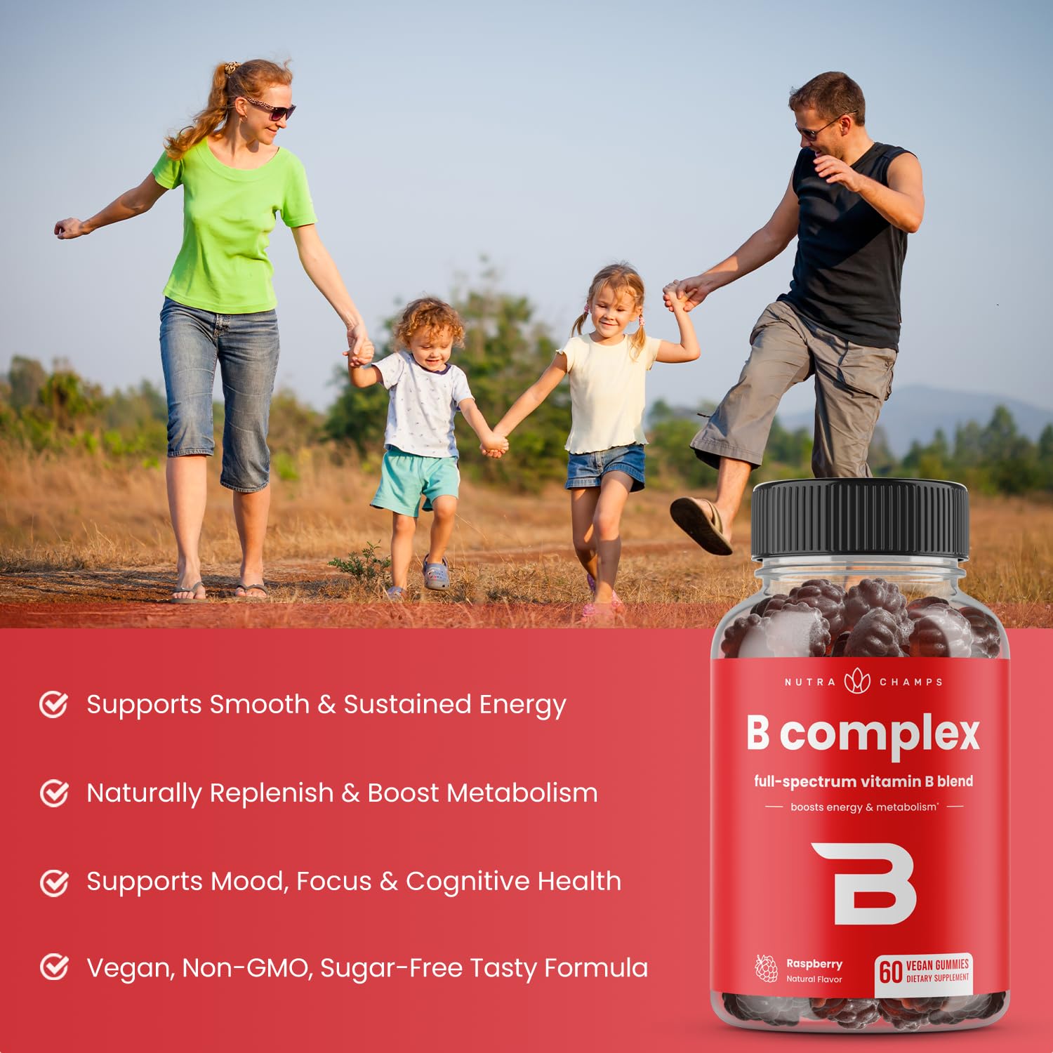NutraChamps Vitamin B Complex Gummies, Vitamin B Gummies Boosts Energy & Metabolism, B Complex Vitamins B1, B2 (Riboflavin), B3 (Niacin), B5, B6, B7 (Biotin), B9 (Folic Acid), Methyl B12