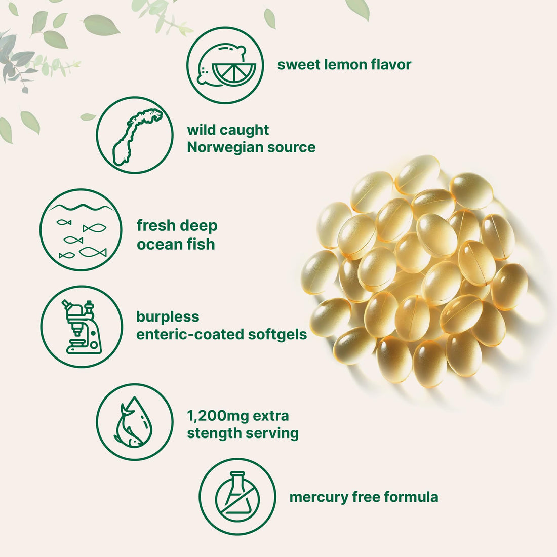 Extra Strength Omega 3 Fish Oil Supplements 1,200mg Per Serving, 240 Softgels | Lemon Flavored | Burpless | Essential Fatty Acids | EPA 220mg + DHA 150mg | Deep Sea Fish