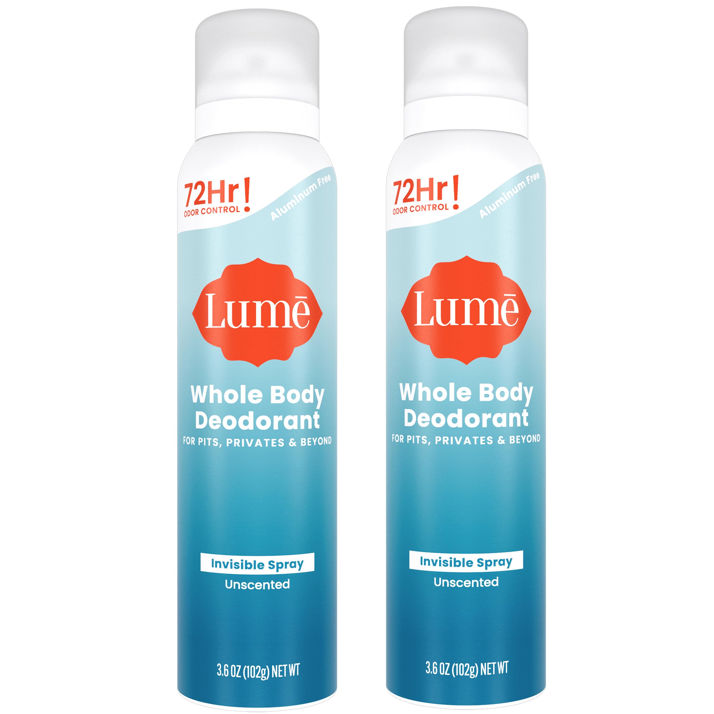 Lume Invisible Spray Deodorant For Women - Whole Body Deodorant Spray - 72 Hr Odor Control - Ozone Friendly, Natural Propellant - Aluminum & Baking Soda Free, Skin Loving - 2 pack (Unscented)