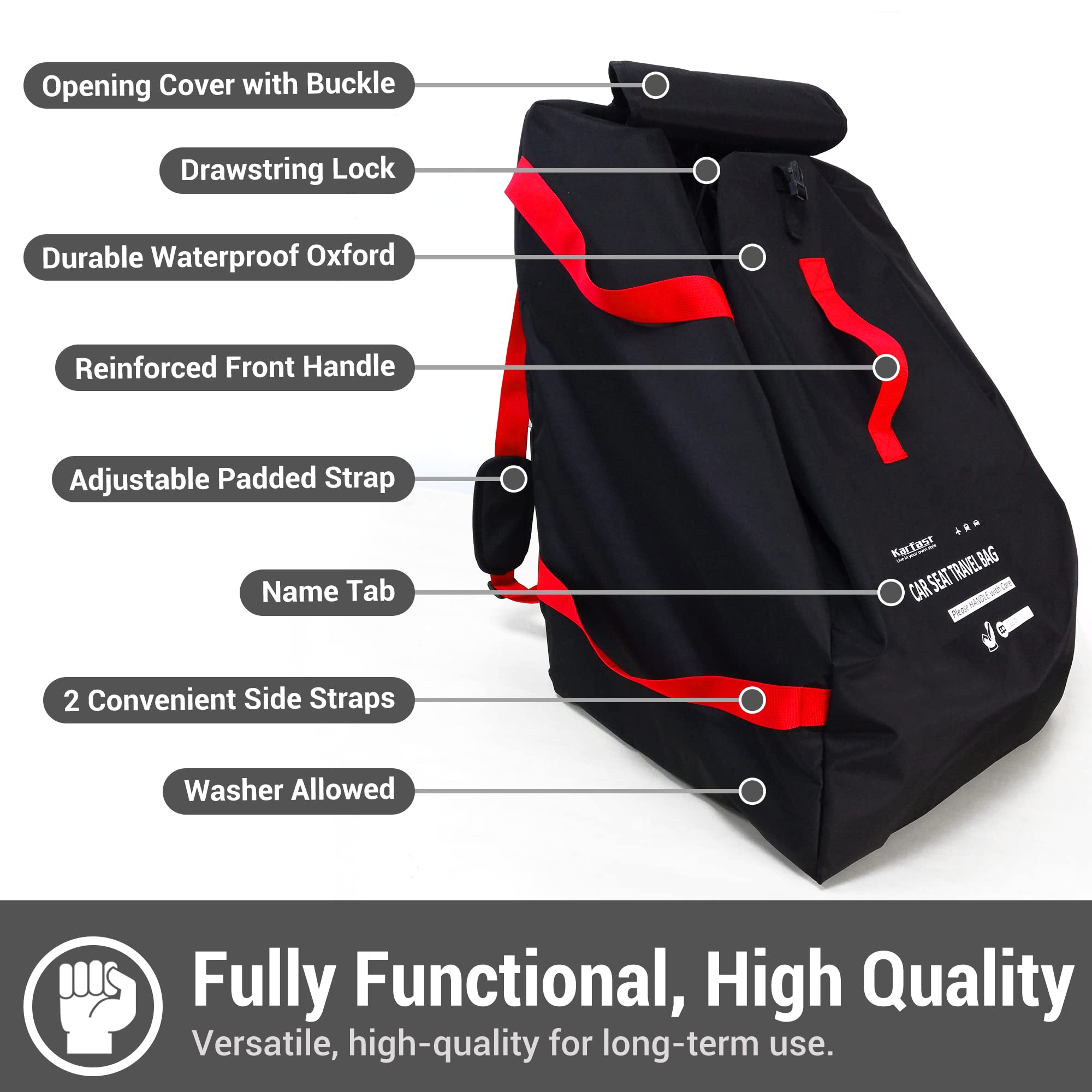 ProFaster Car Seat Travel Bag Backpack for Air Travel - Karfast Universal Infant Carseat Gate Check Bag Cover for Airplane, Foldable with Pouch, Black