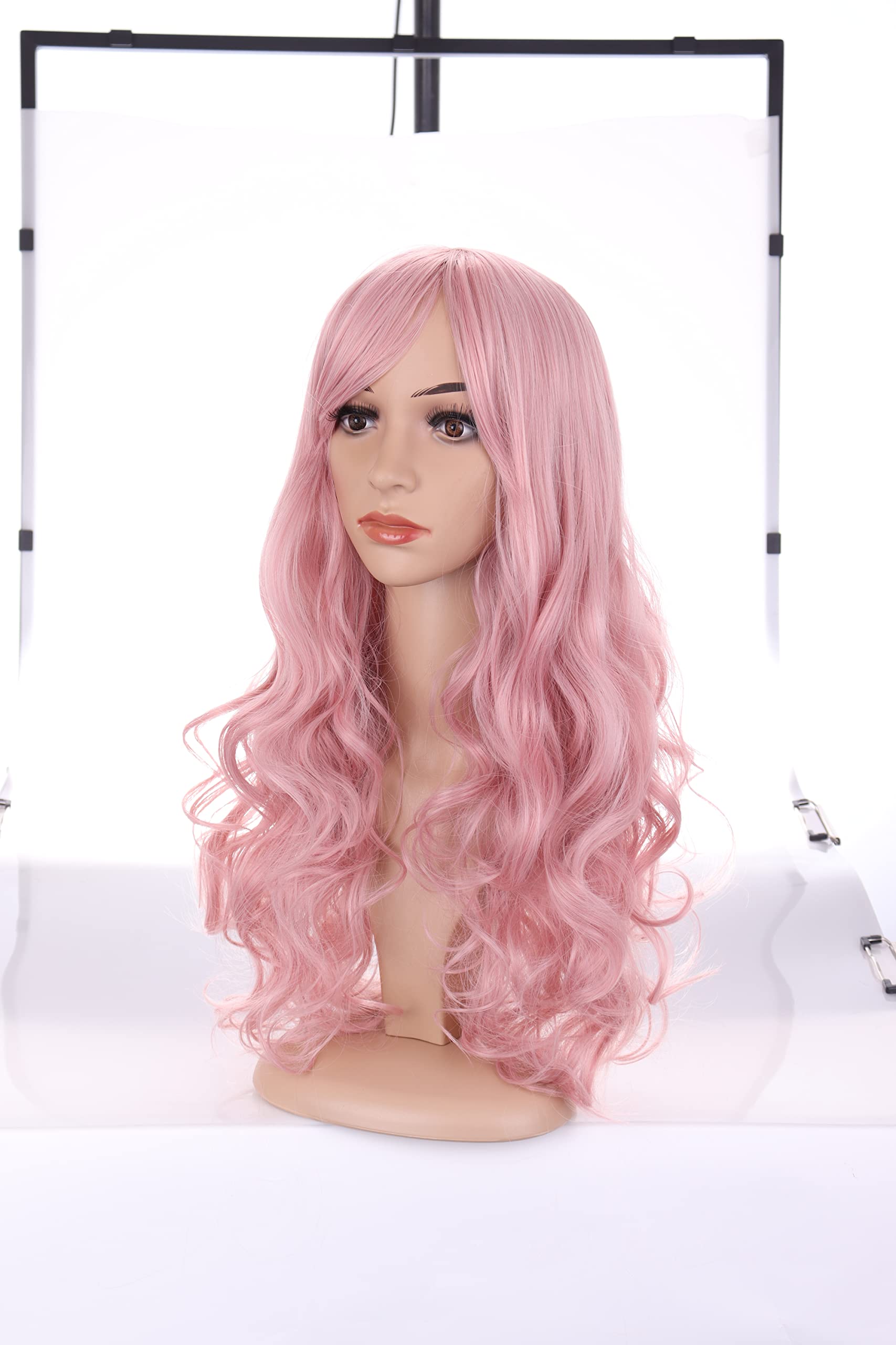 BERON 24 Stylish Long Curly Pink Hair Wig Party Perruque (Lovely Pink)