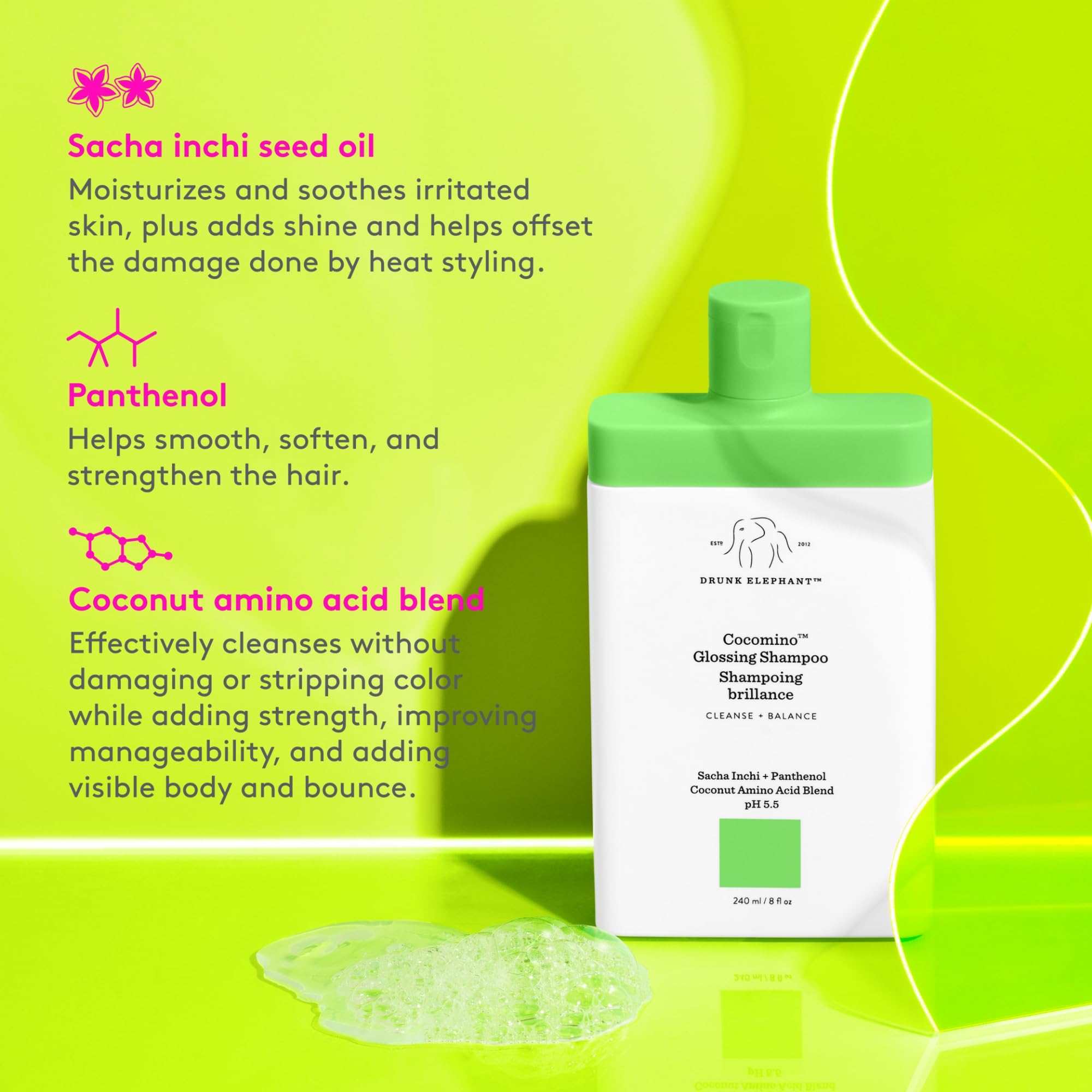 Drunk Elephant Cocomino Glossing Shampoo - 240 ml/8 oz - Coconut Amino Acids - Clean Clinical - Sulfate-Free - Cruelty-Free - Dermatologist-Tested - Free of Essential Oils, Silicones, and SLS