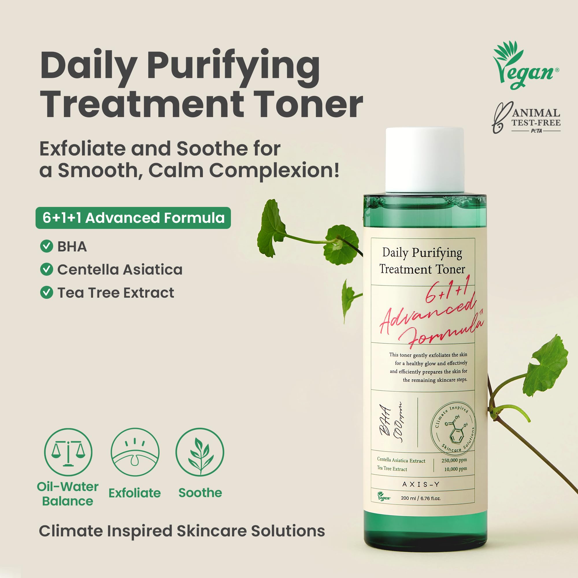 AXIS-Y Daily Purifying Treatment Toner with Salicylic Acid & Centella Asiatica - Pore Minimizer, Oil Control & Blemish Treatment Face Exfoliator - Vegan Korean Skin Care BHA Toner - 6.76 fl. oz.