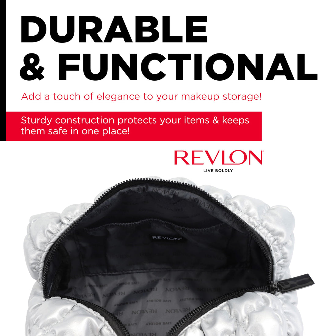 Revlon Quilted Makeup Bag - Marshmallow Quilted Makeup Pouch, Travel Makeup Organizer with Zipper, Cosmetic Bag, Mini Makeup Case, Toiletry Pouch, Lipstick, Makeup Brush Organizer Bag, Silver Metallic