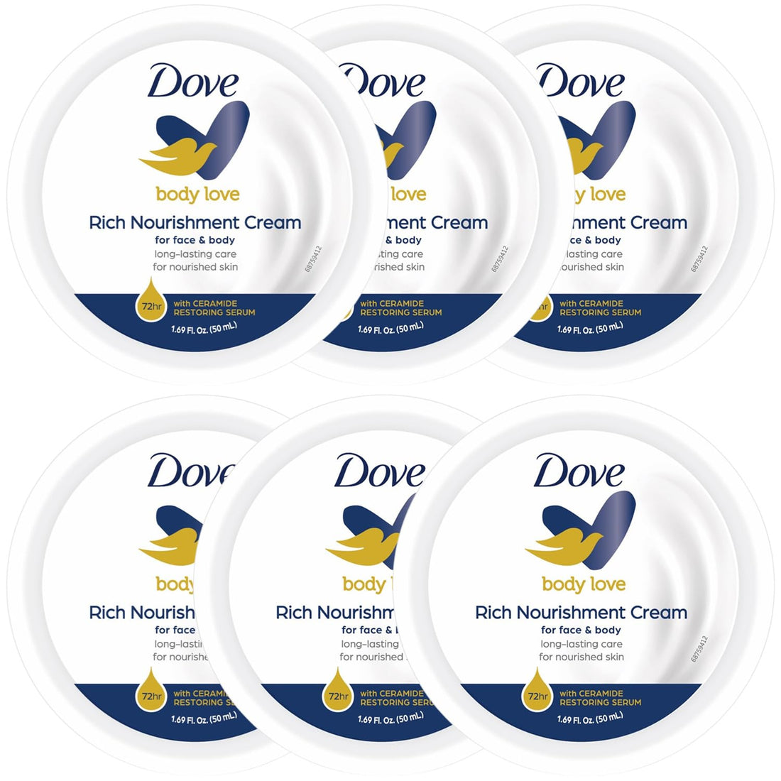 Dove Rich Nourishment Body Cream 6-Pack – 48H Moisturizing Cream for Extremely Dry Skin, Travel-Size, 1.69 Fl Oz Ea