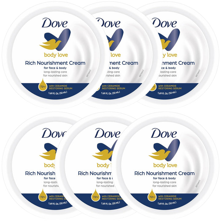 Dove Rich Nourishment Body Cream 6-Pack – 48H Moisturizing Cream for Extremely Dry Skin, Travel-Size, 1.69 Fl Oz Ea