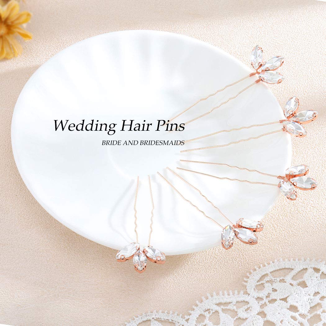 Jakawin Bride Wedding Hair Pins Crystal Hair Piece Rhinestone Bridal Hair Accessories for Women (Pack of 5) HP068 (Rose Gold)