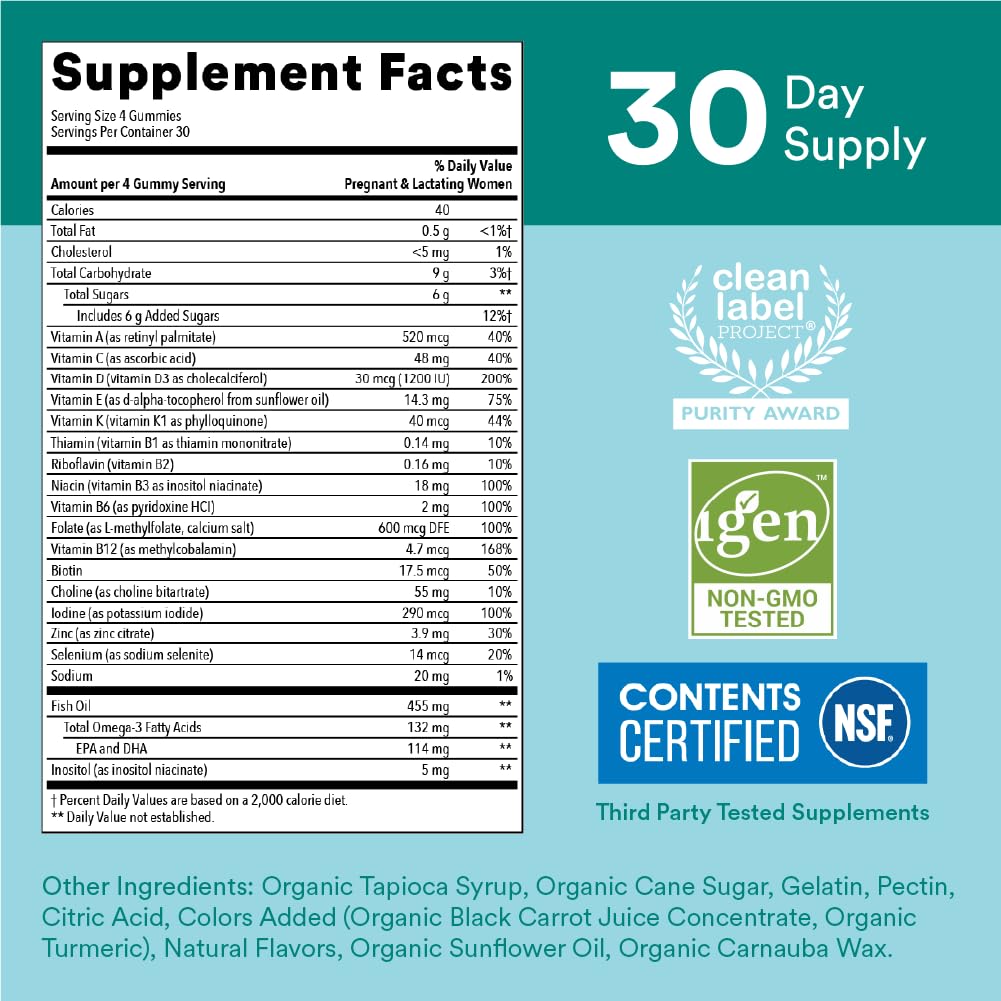 SmartyPants Prenatal Vitamins for Women, Multivitamin Gummies: Omega 3 Fish Oil (EPA/DHA), Biotin, Methylfolate, Vitamin D3, C, Vitamin B12, B6, Vitamin A, K & Zinc, 120 Count (30 Day Supply)