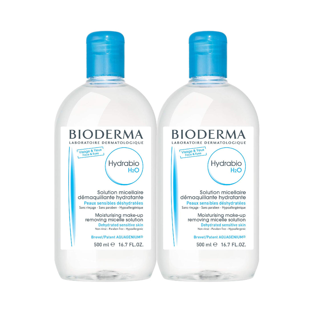 Bioderma Hydrabio DUO H2O Micellar Water Cleansing and Make-Up Removing for Dehydrated Sensitive Skin, 33.4 Fl Oz