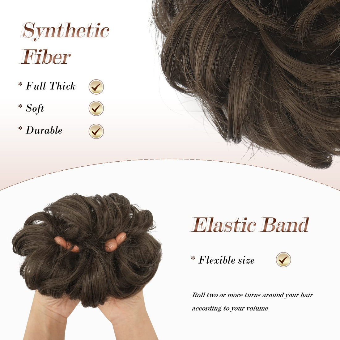 FESHFEN Messy Bun Hair Piece - Elastic Wavy Curly Hair Bun Scrunchies Extensions Synthetic Chignon Hairpieces for Women Girls, Medium Brown 1 PCS