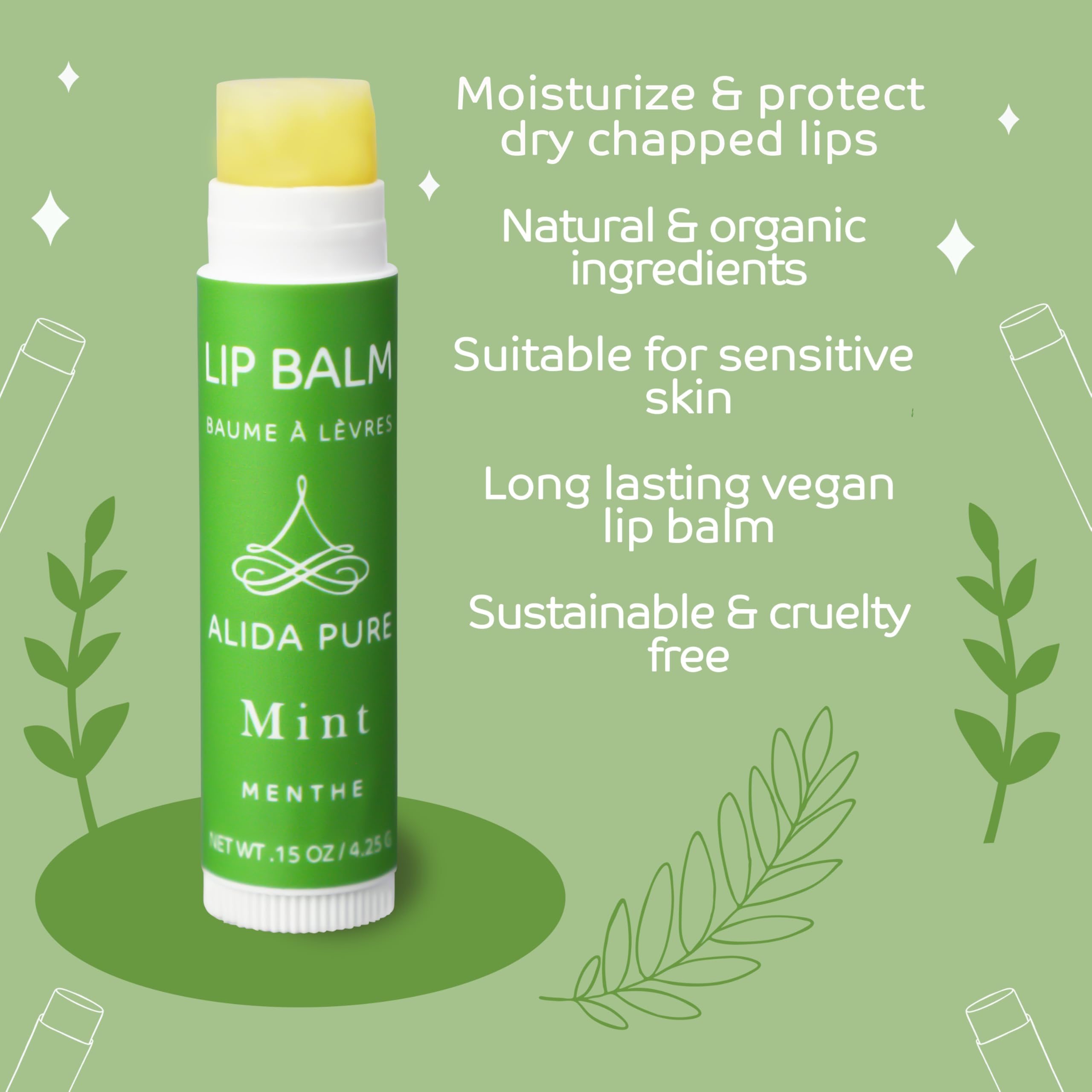 PURE + SIMPLE Peppermint Lip Balm Collection, Vegan, Set of 5 Tubes, Avocado Butter, Jojoba Oil, Vitamin E Complex Healing Treatment