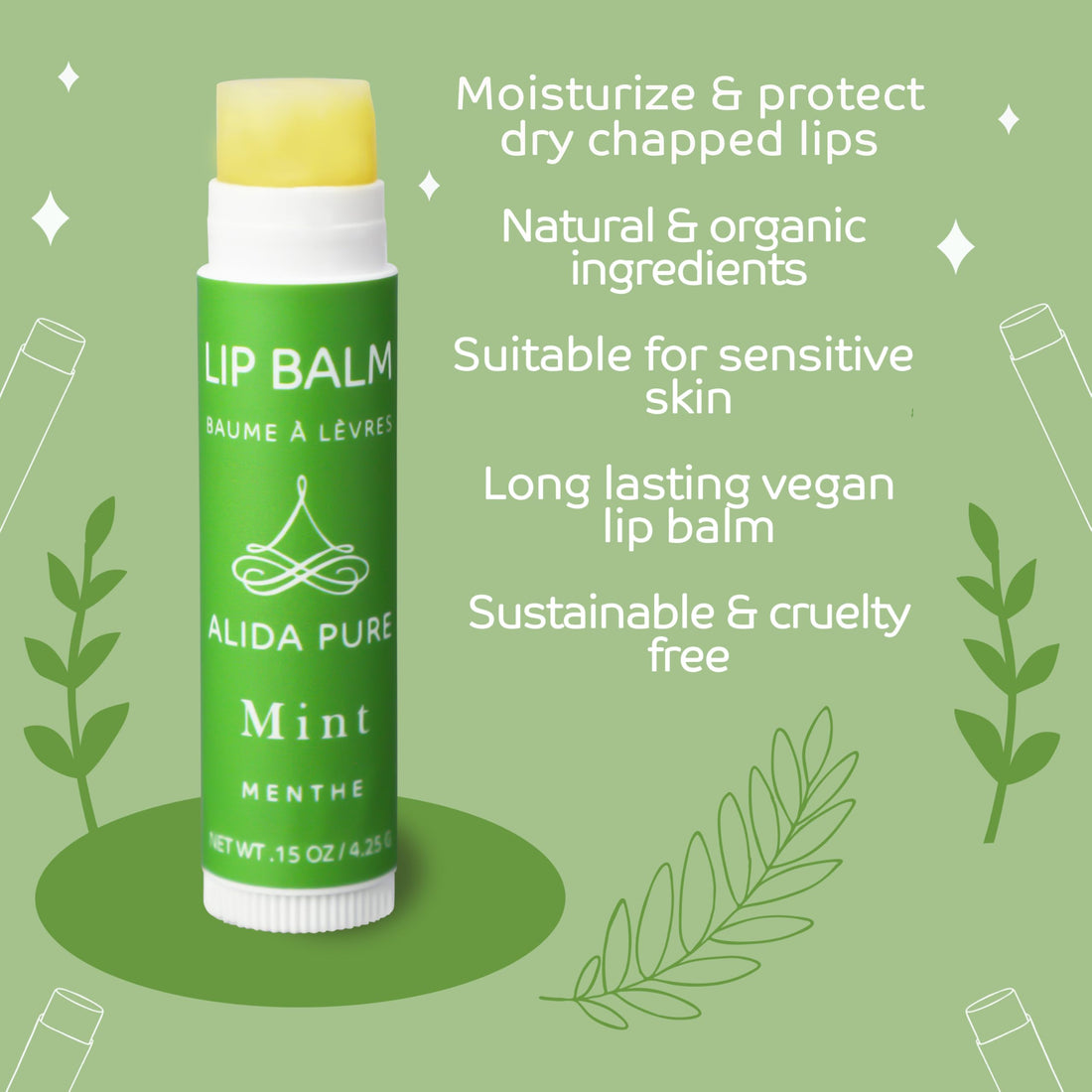 PURE + SIMPLE Peppermint Lip Balm Collection, Vegan, Set of 5 Tubes, Avocado Butter, Jojoba Oil, Vitamin E Complex Healing Treatment