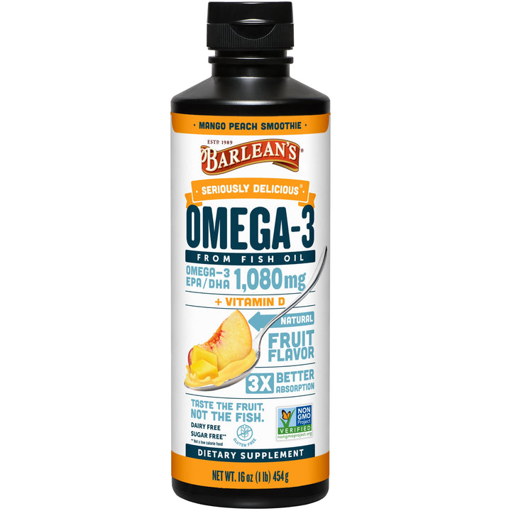 Barlean's Mango Peach Omega 3 Fish Oil Liquid Supplement with Vitamin D, 1080mg EPA & DHA Fatty Acid, Smoothie Flavored & Burpless for Brain, Joint, & Heart Health, 16 oz