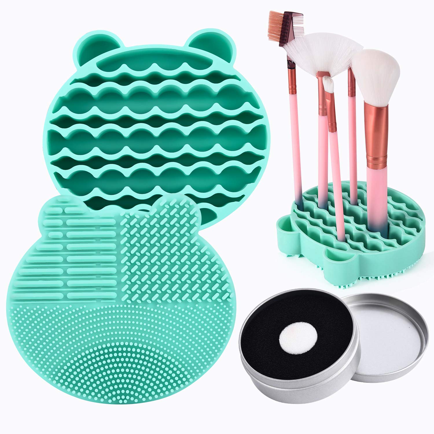 Silicon Makeup Brush Cleaning Mat with Brushes Drying Holder Portable Bear Shaped Cosmetic Brush Cleaner Pad+ Makeup Brush Dry Cleaned Quick Color Removal Sponge Scrubber Tool (Blue)