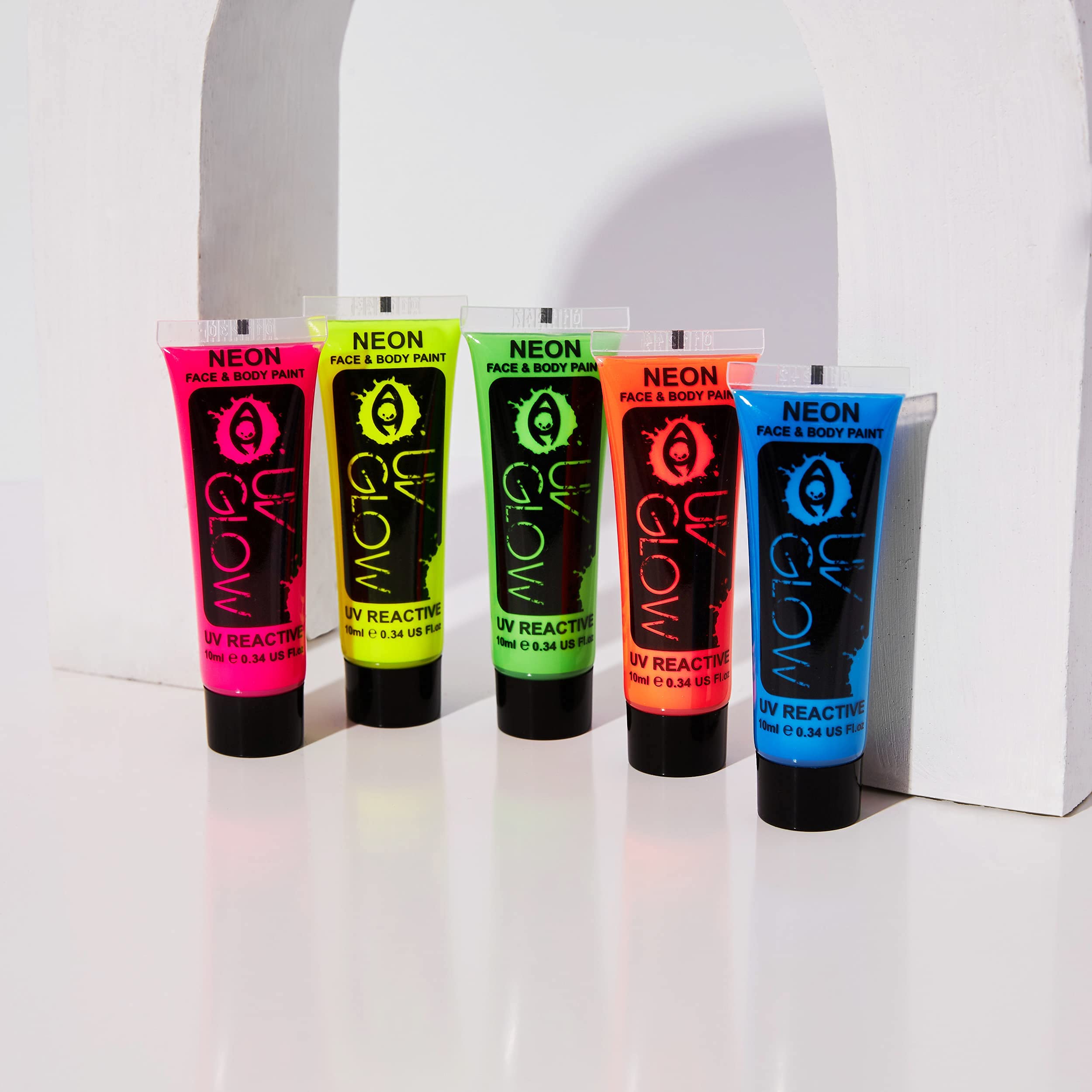UV Glow Blacklight Neon Face & Body Paint - 10ml NEON SET of 5 - Fluorescent & Super Bright
