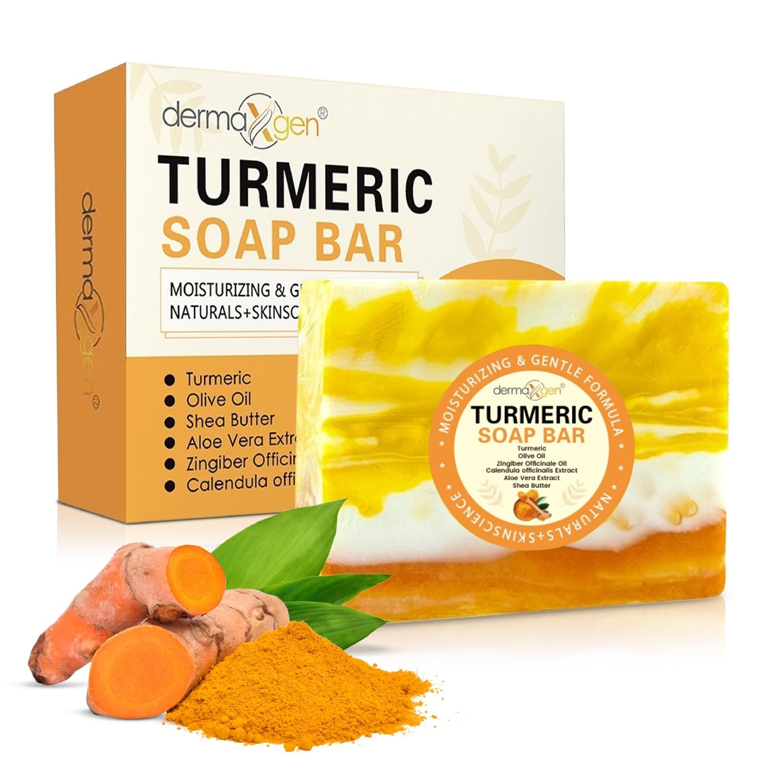 DERMAXGEN Organic TURMERIC Soap Bar | Pure Natural Handcrafted Skincare, Face & Body Cleanser | Blemish Control, Reduce Acne, Radiant Skin, Evens Tone, Fades Scars, Sun Damage, Age Spots (7 OZ)