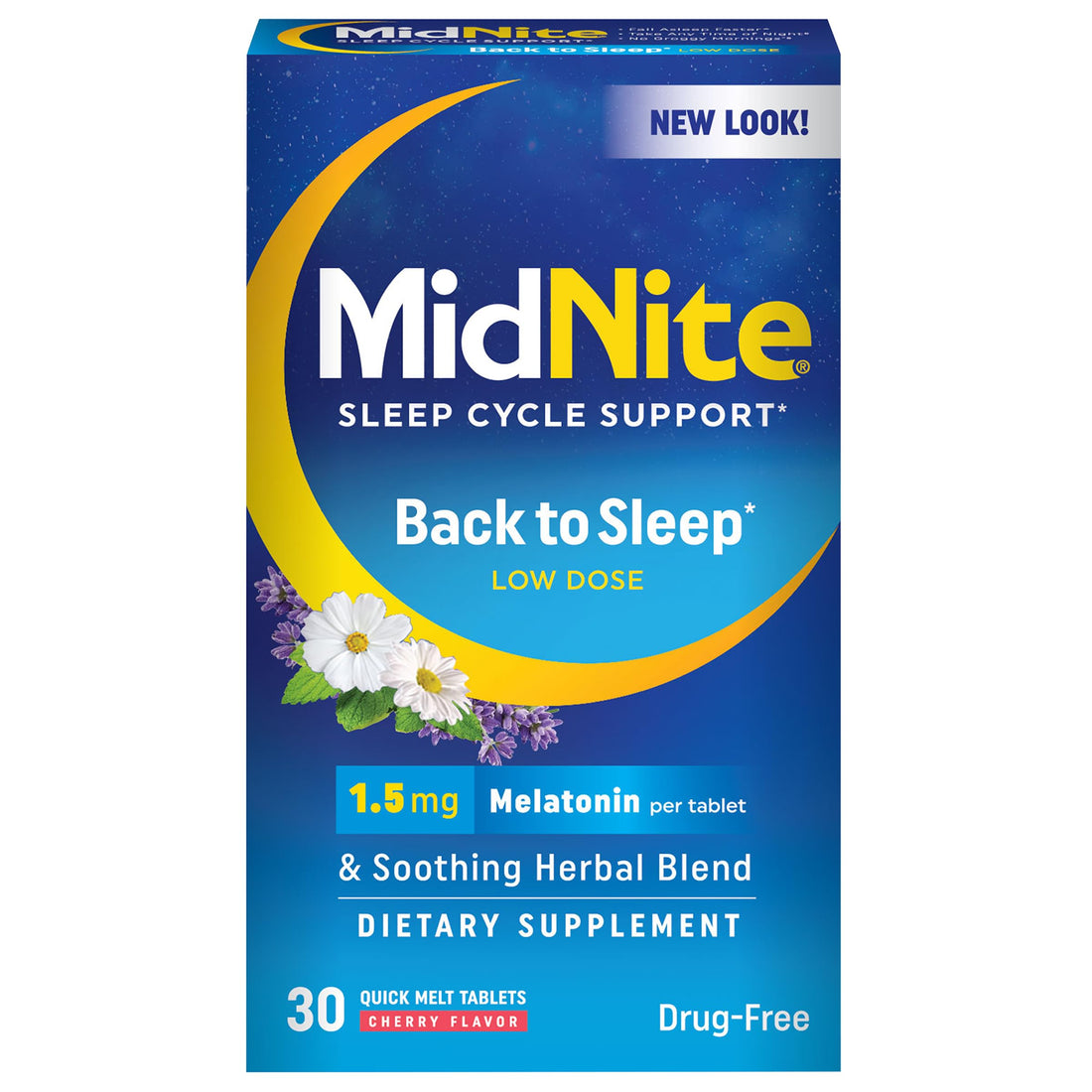MidNite Back to Sleep Low Dose, 1.5 mg Melatonin Sleep Aid, Non-Habit Forming, Herbal Dietary Supplement for Adults, Drug-Free, Gluten-Free, Lactose-Free, Vegetarian, Vegan, 30 Quick Melt Tablets