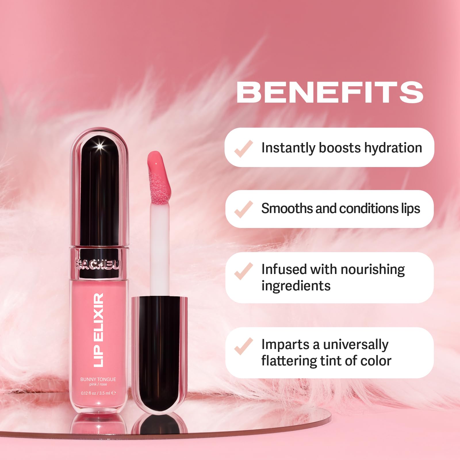 Sacheu Lip Elixir Nourishing and Hydrating Lipgloss — Moisturizing Plumping Lip Gloss Enriched with Collagen, Non-Sticky Lip Color Smooth High-Shine Finish, Vegan & Cruelty-Free, Bunny Tongue (Pink)