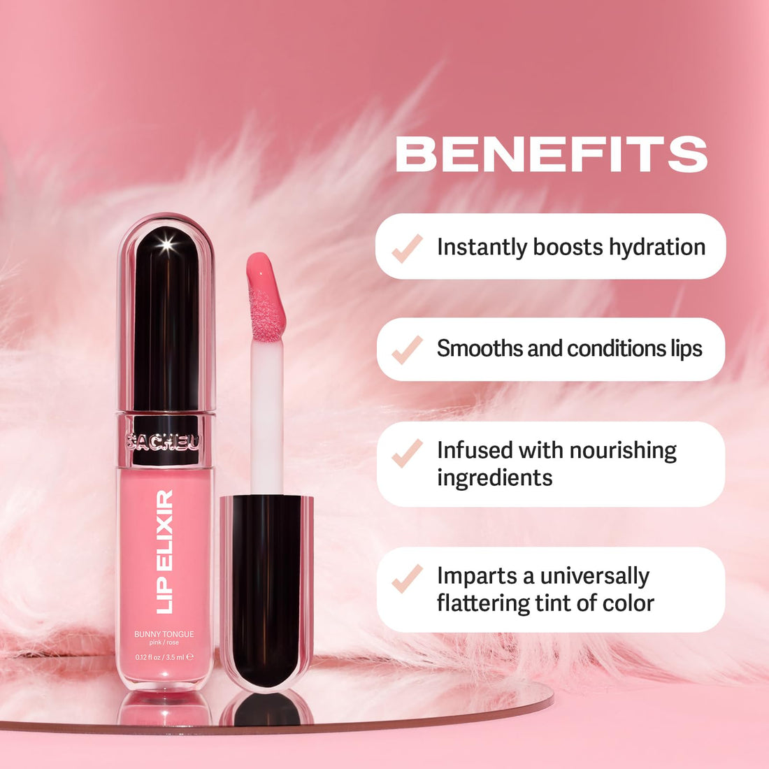 Sacheu Lip Elixir Nourishing and Hydrating Lipgloss — Moisturizing Plumping Lip Gloss Enriched with Collagen, Non-Sticky Lip Color Smooth High-Shine Finish, Vegan & Cruelty-Free, Bunny Tongue (Pink)
