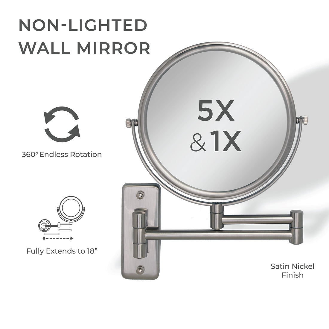 Zadro Two Sided Dual Arm Wall Mount Mirror, Satin Nickel, 5X-1X