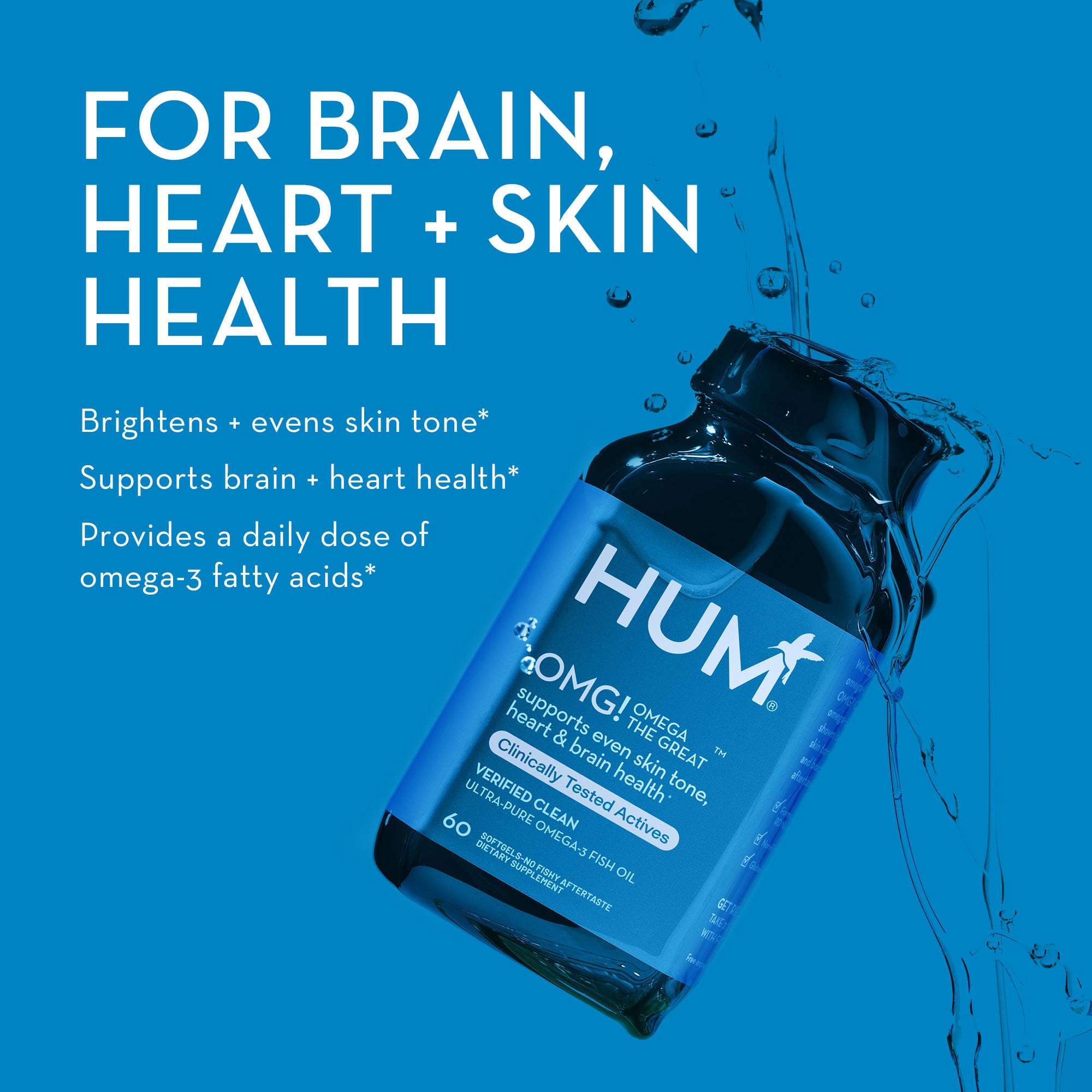 HUM OMG! Omega The Great - Triple Omega 3 Fish Oil Supplement with DHA, EHA & Vitamin E to Support Bright & Even Skin Tone - Gluten Free & Non-GMO (60-Count)