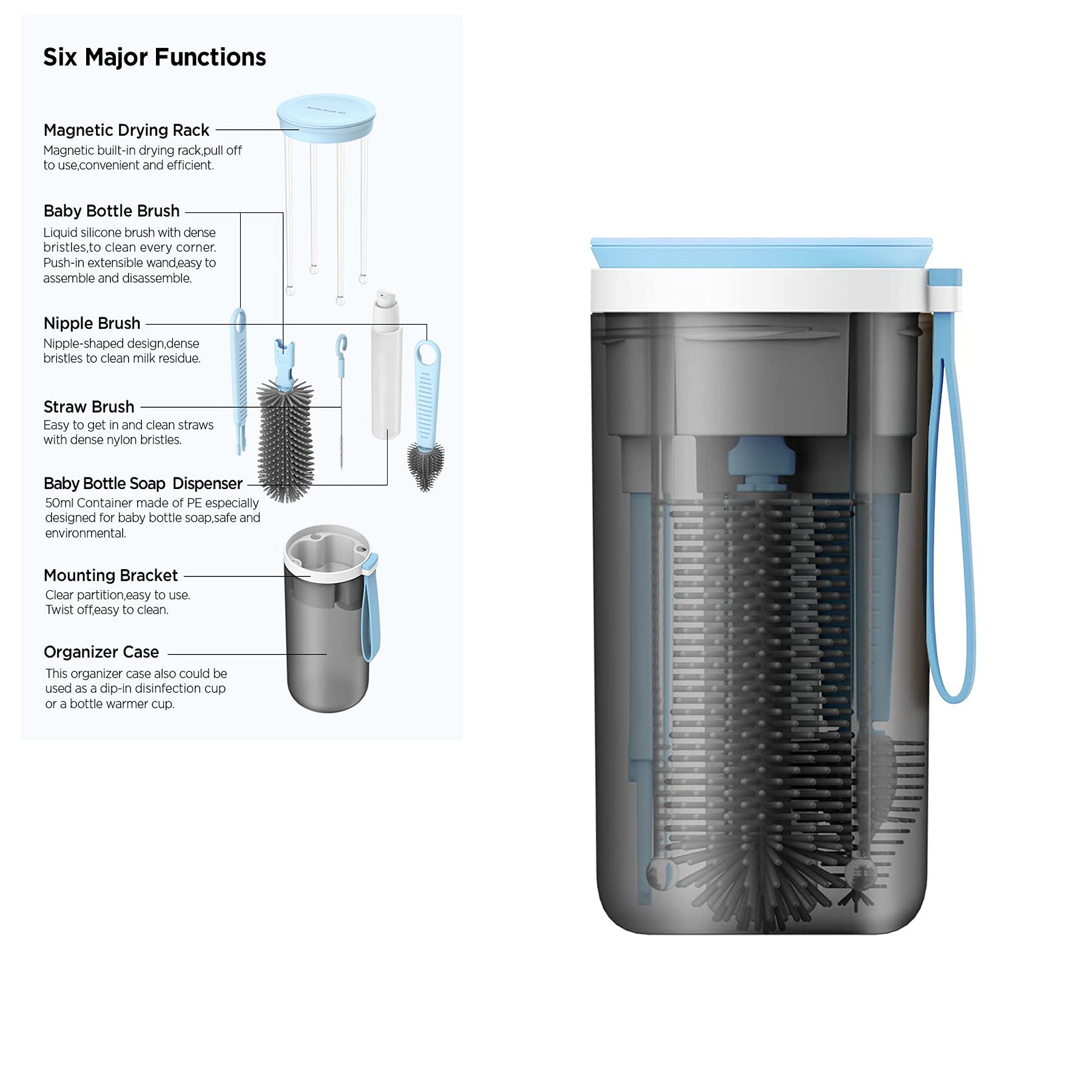 KlirAir Travel Baby Bottle Drying Rack with Bottle Cleaning Brush Set, Blue