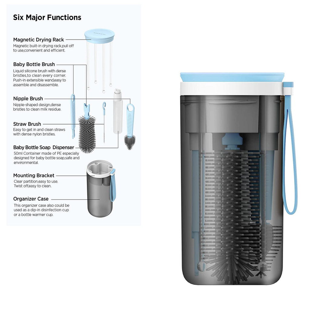 KlirAir Travel Baby Bottle Drying Rack with Bottle Cleaning Brush Set, Blue