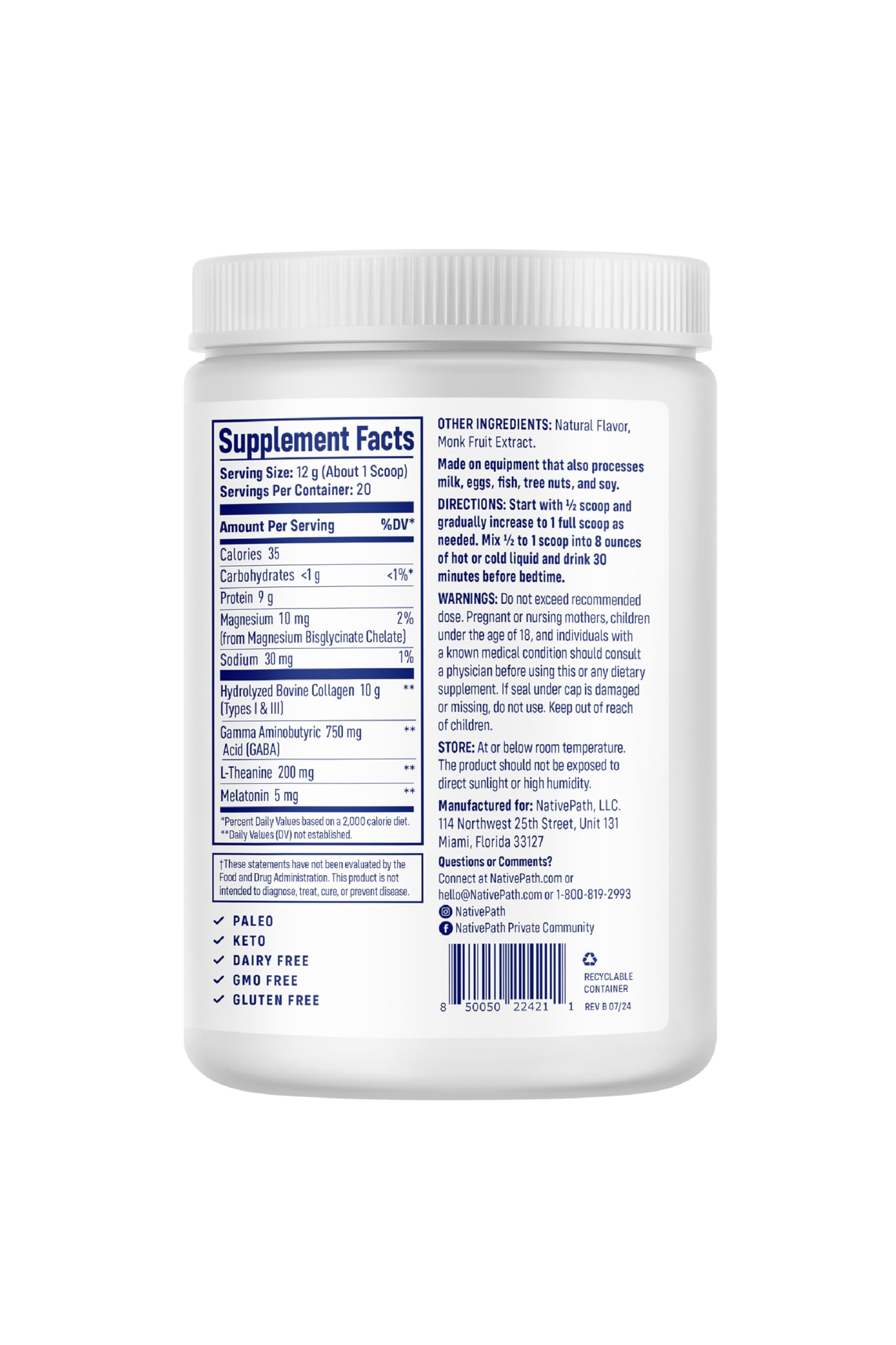 NativePath Collagen PM - Honey Chamomile Nighttime Collagen Peptides Powder with Magnesium, GABA, L-Theanine and Melatonin - 20 Servings