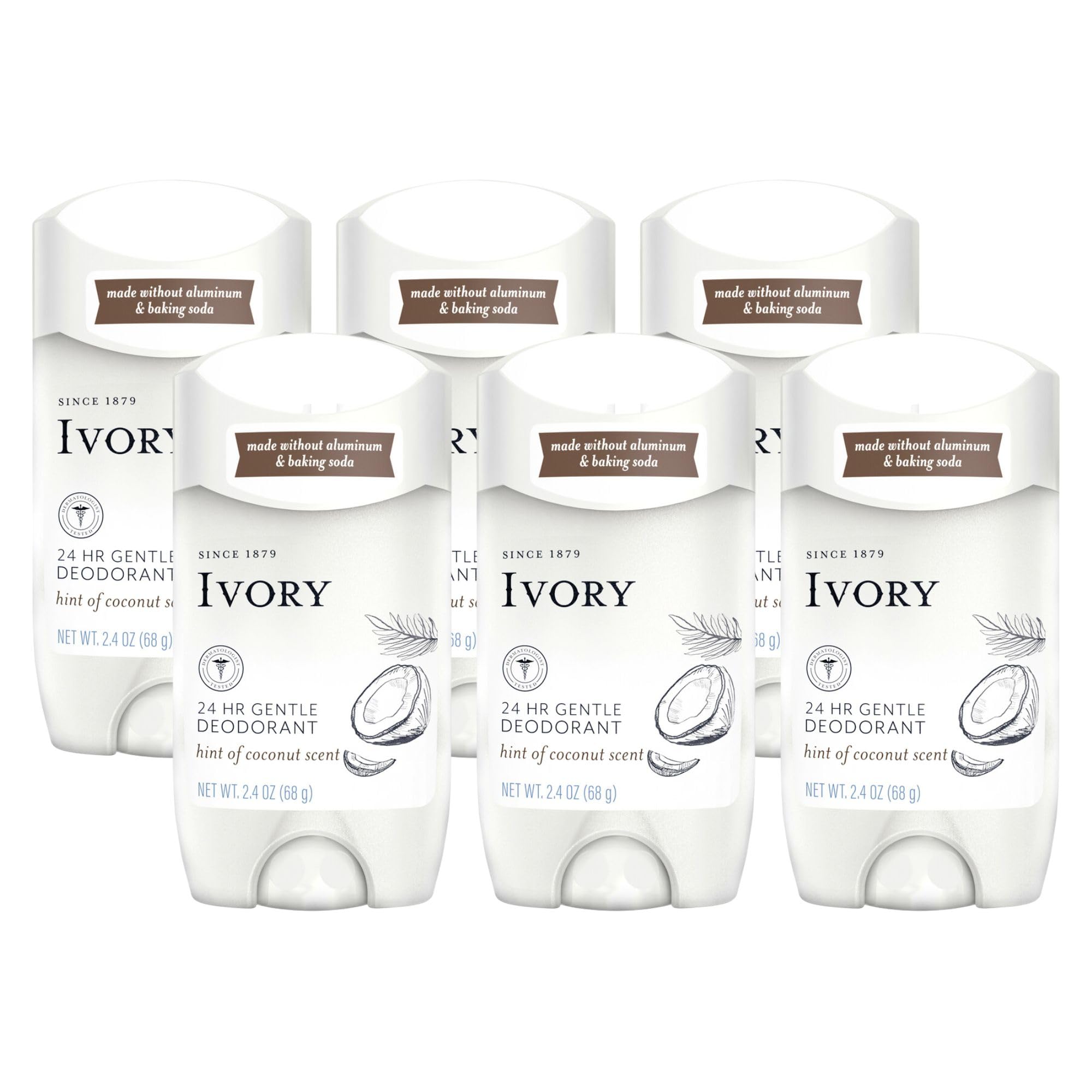 Ivory Aluminum Free Deodorant, Hint of Coconut, 24hr Gentle Deodorant, Dermatologist Tested, Baking Soda Free, Paraben Free, 2.4oz (Pack of 6)