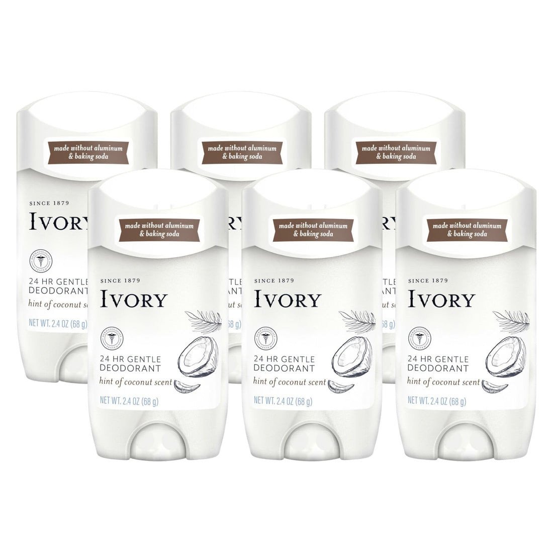 Ivory Aluminum Free Deodorant, Hint of Coconut, 24hr Gentle Deodorant, Dermatologist Tested, Baking Soda Free, Paraben Free, 2.4oz (Pack of 6)