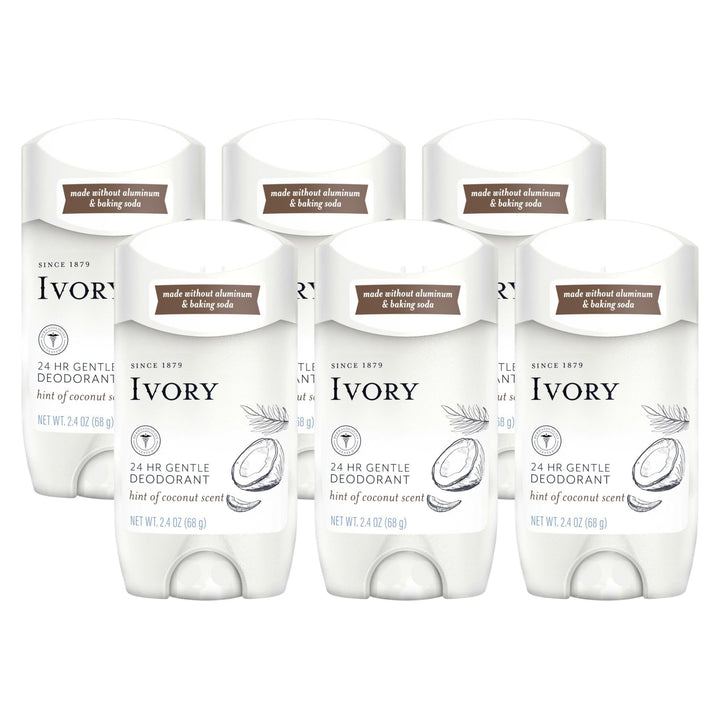 Ivory Aluminum Free Deodorant, Hint of Coconut, 24hr Gentle Deodorant, Dermatologist Tested, Baking Soda Free, Paraben Free, 2.4oz (Pack of 6)