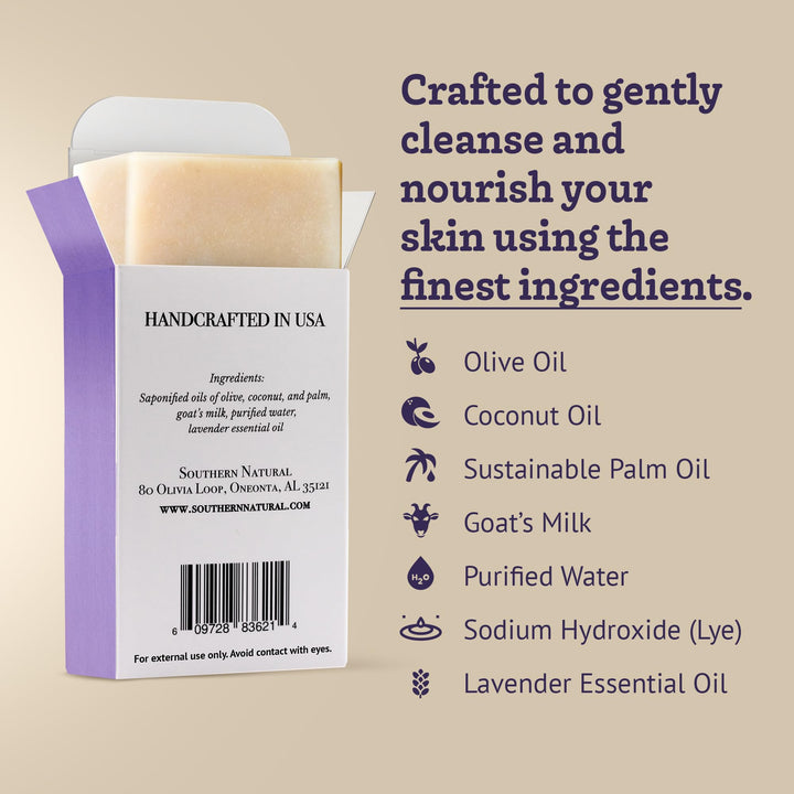 Southern Natural Goat Milk Soap Bar (Lavender 3 Pack) For Dry Sensitive Skin. Natural, Handmade Soap For Men, Women, Kids & Baby. Use On Face & Body