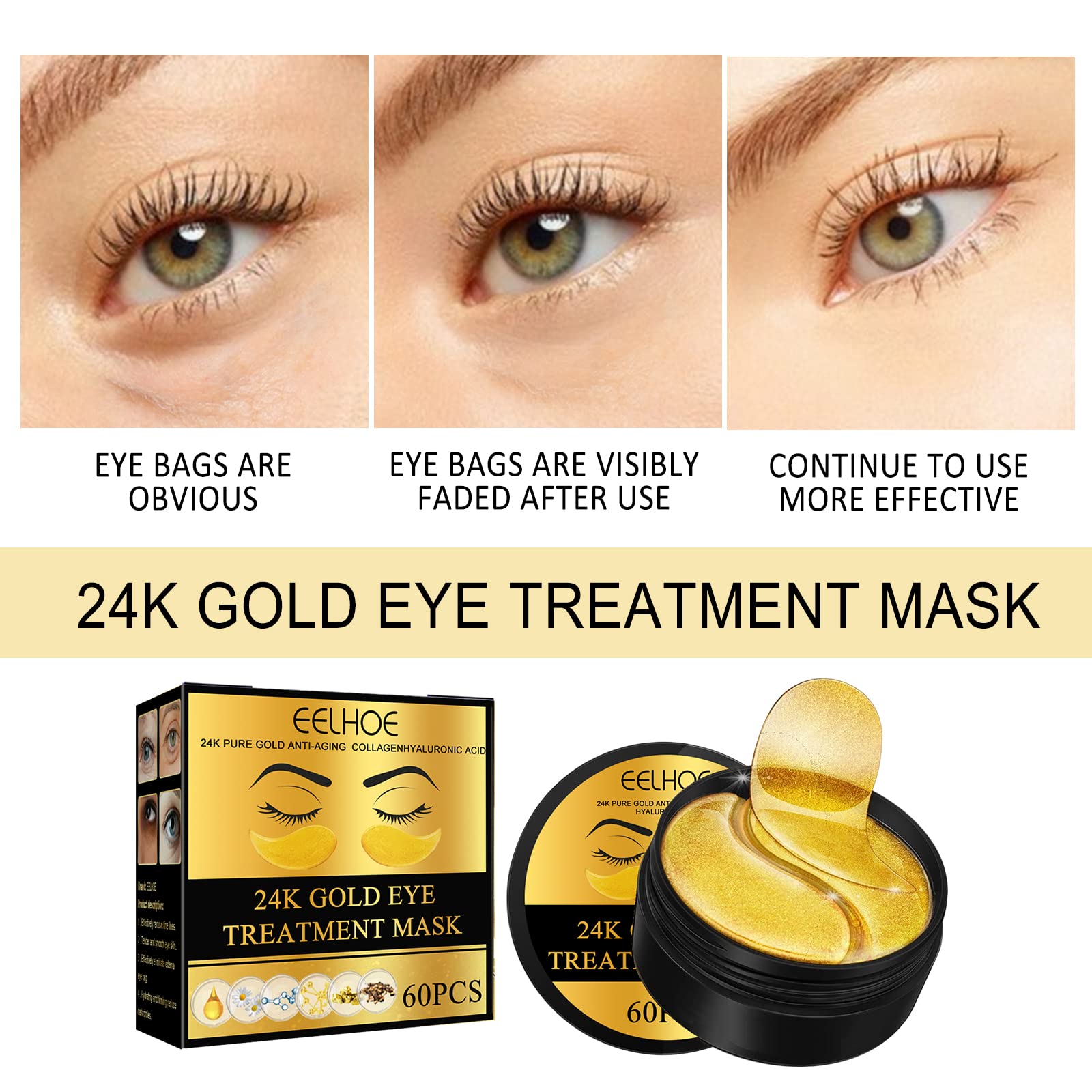 Q.Z.Art 60 Pcs 24K Gold Under Eye Patches, Anti-Aging Eye Mask Infused with Collagen and Hyaluronic Acid - Reduce Dark Circles, Puffiness, and Wrinkles