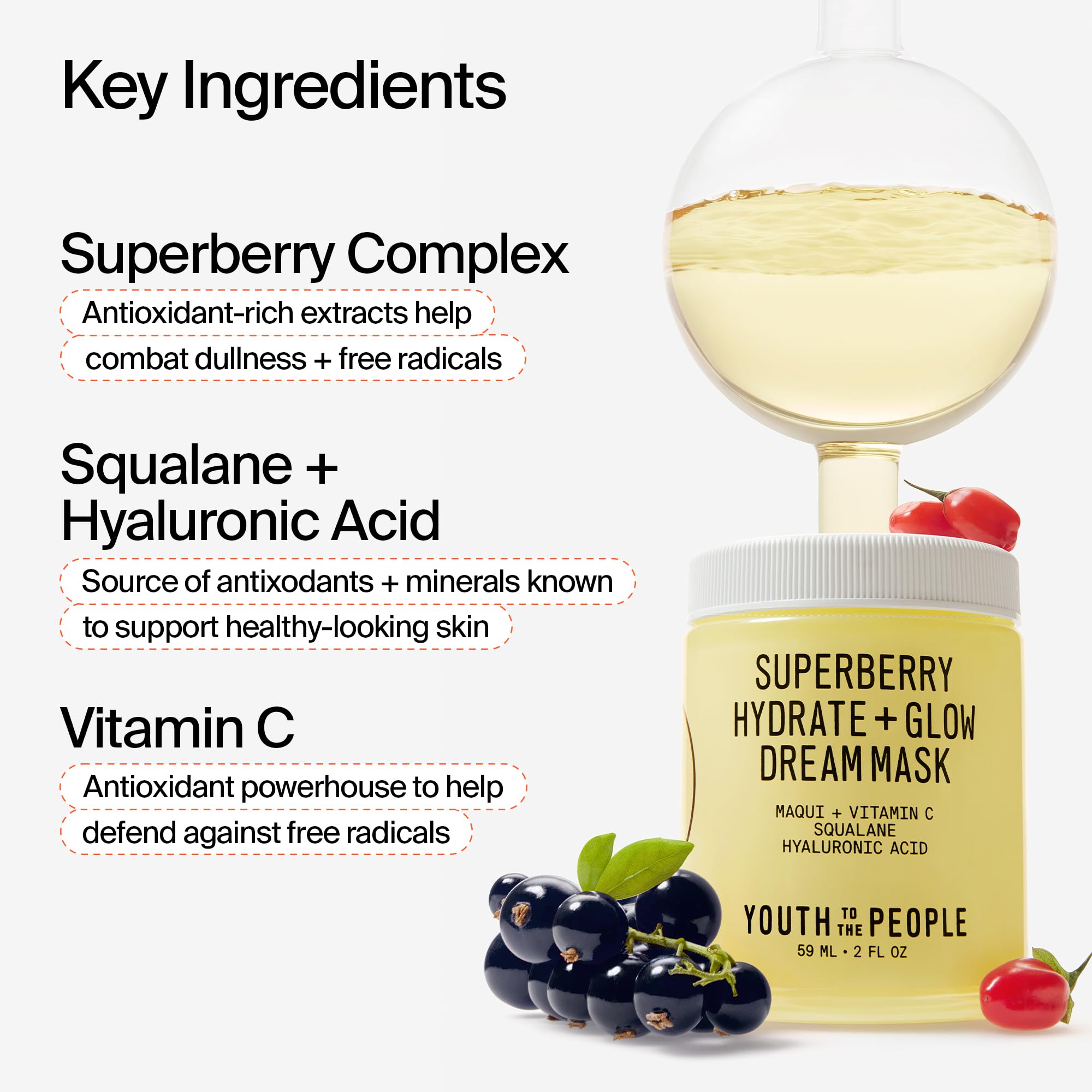 Youth To The People Superberry Hydrate + Glow Dream Mask, Full Size (2 fl oz), Vitamin C Face Moisturizer, Plumps + Brightens Skin, Treats Dullness + Uneven Tone, Vegan