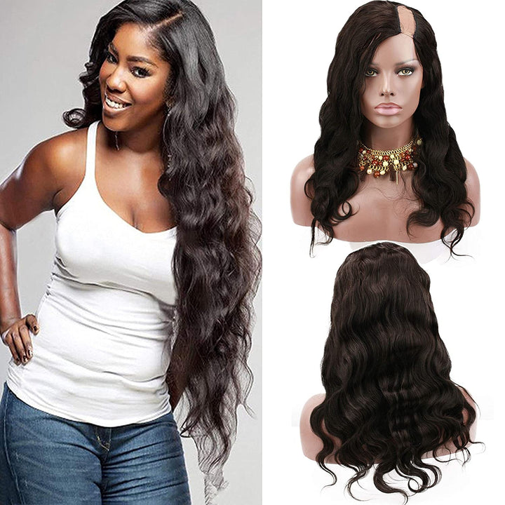Rossy&Nancy 7A U Part Wig 100% Brazilian Remy Human Hair Body Wavy Free Part Natural Black Color 130% Density for Women 14inch by Rossy&Nancy