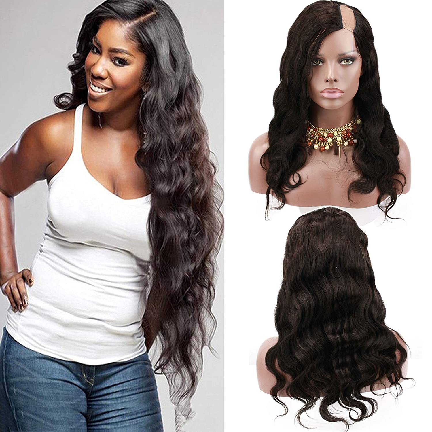 Rossy&Nancy Cheap Human Hair Left U Part Body Wave Lace Front Wig For Black Women Natural Black Color 18inch by Rossy&Nancy